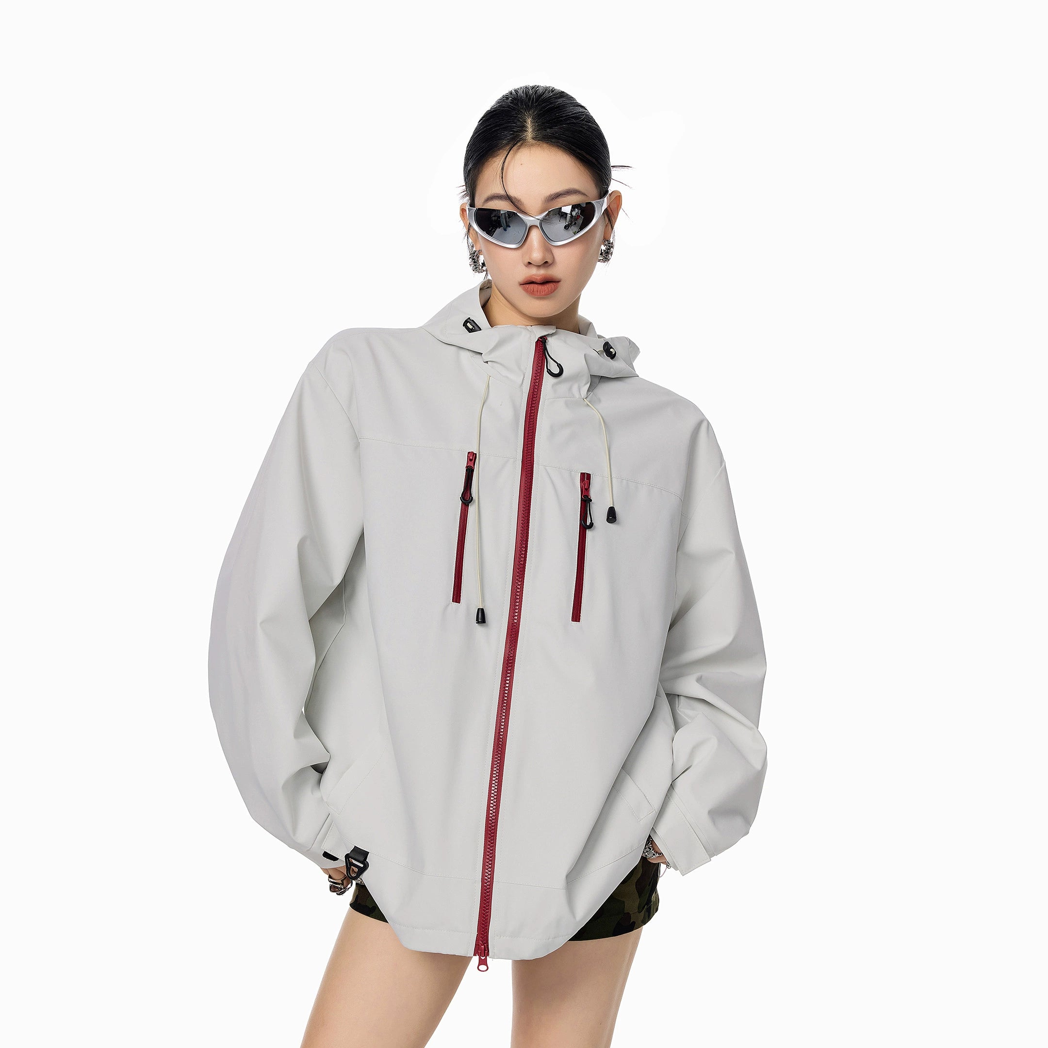 ICH MODE 美式复古撞色工装连帽外套女秋冬户外运动夹克长袖上衣