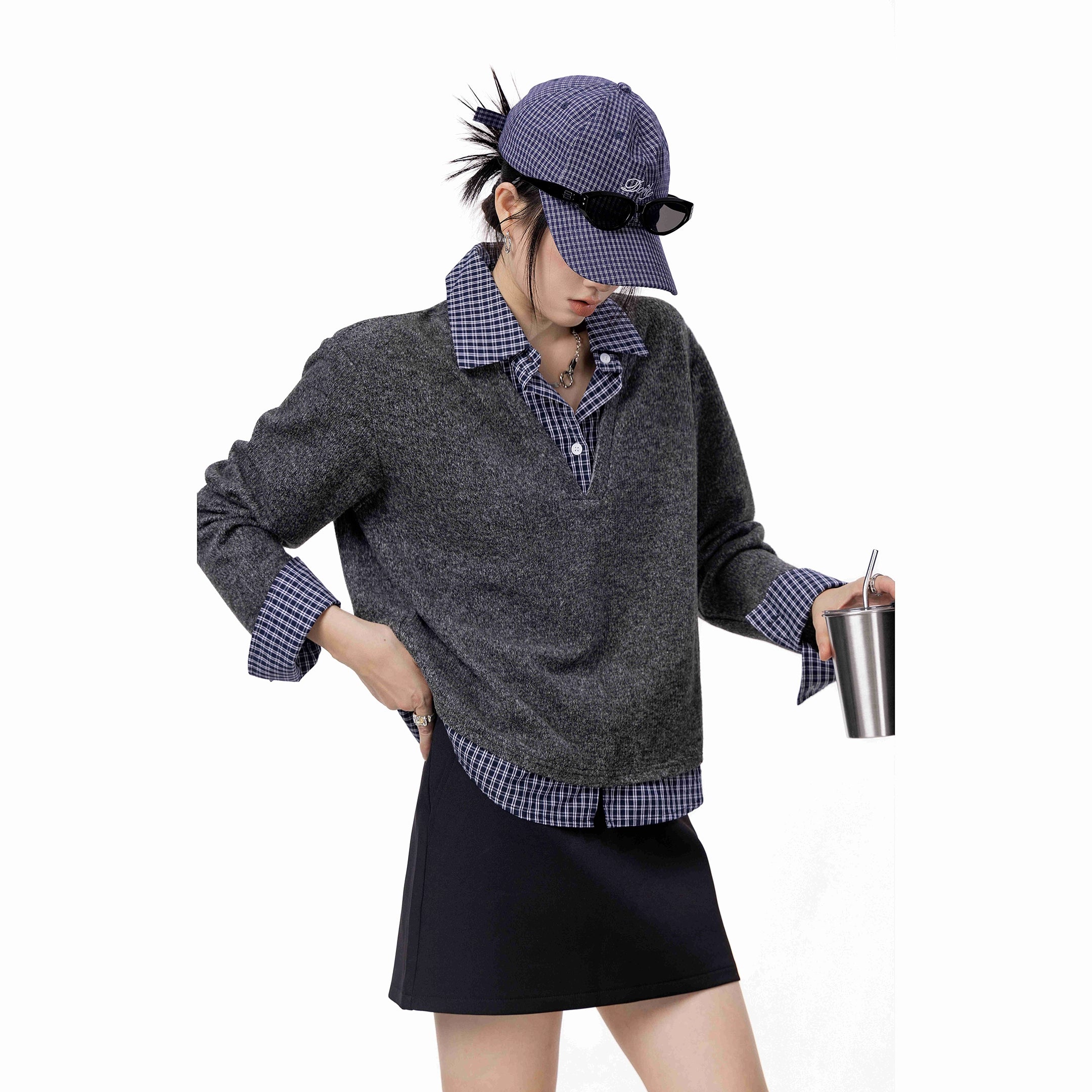 ICH MODE 美式假两件毛针织衫女2025秋冬新款POLO衫毛衣休闲上衣