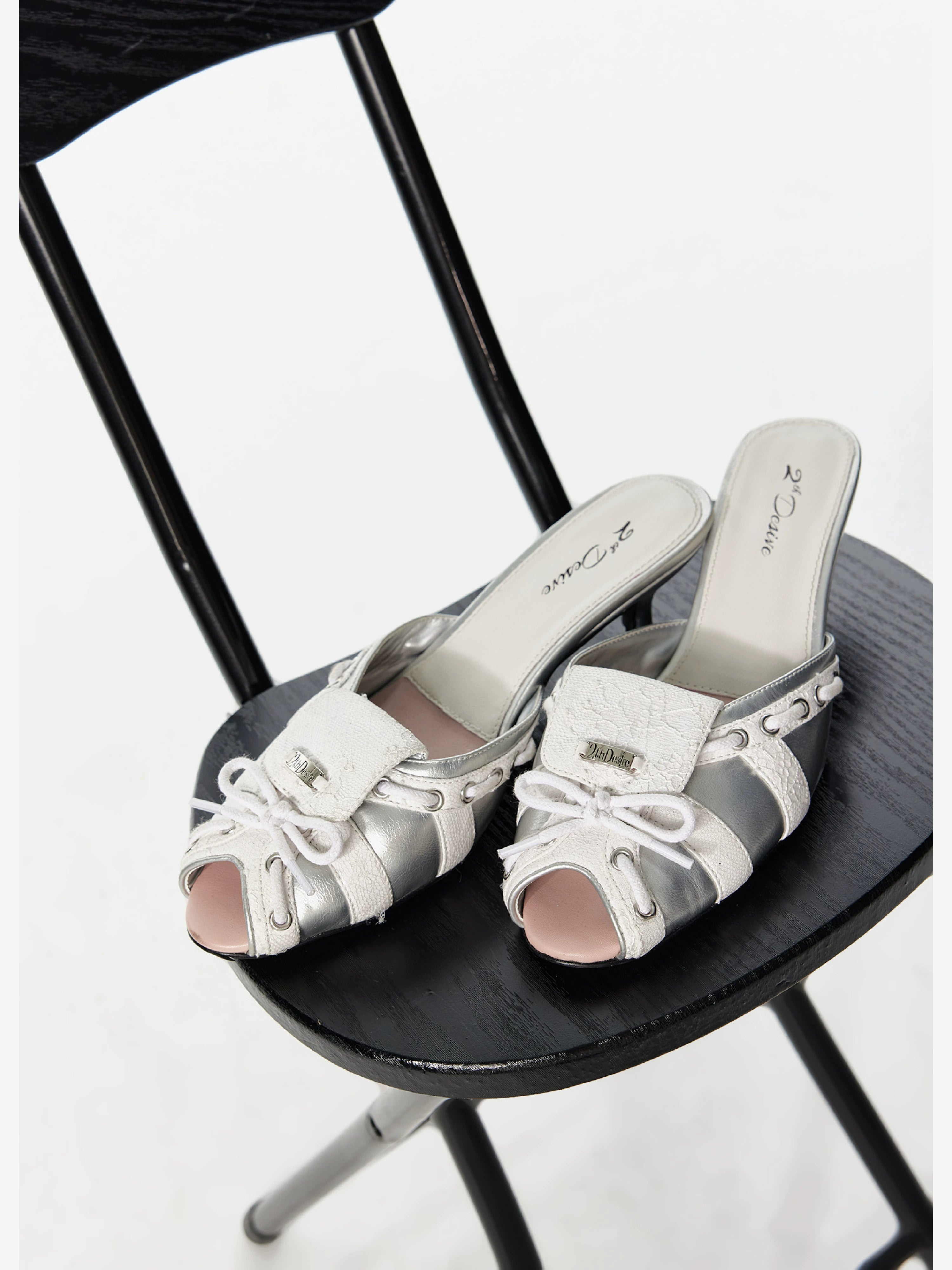 2th Desire原创鞋带绑带撞色蕾丝拼接小猫跟鱼嘴凉鞋低跟露趾拖鞋