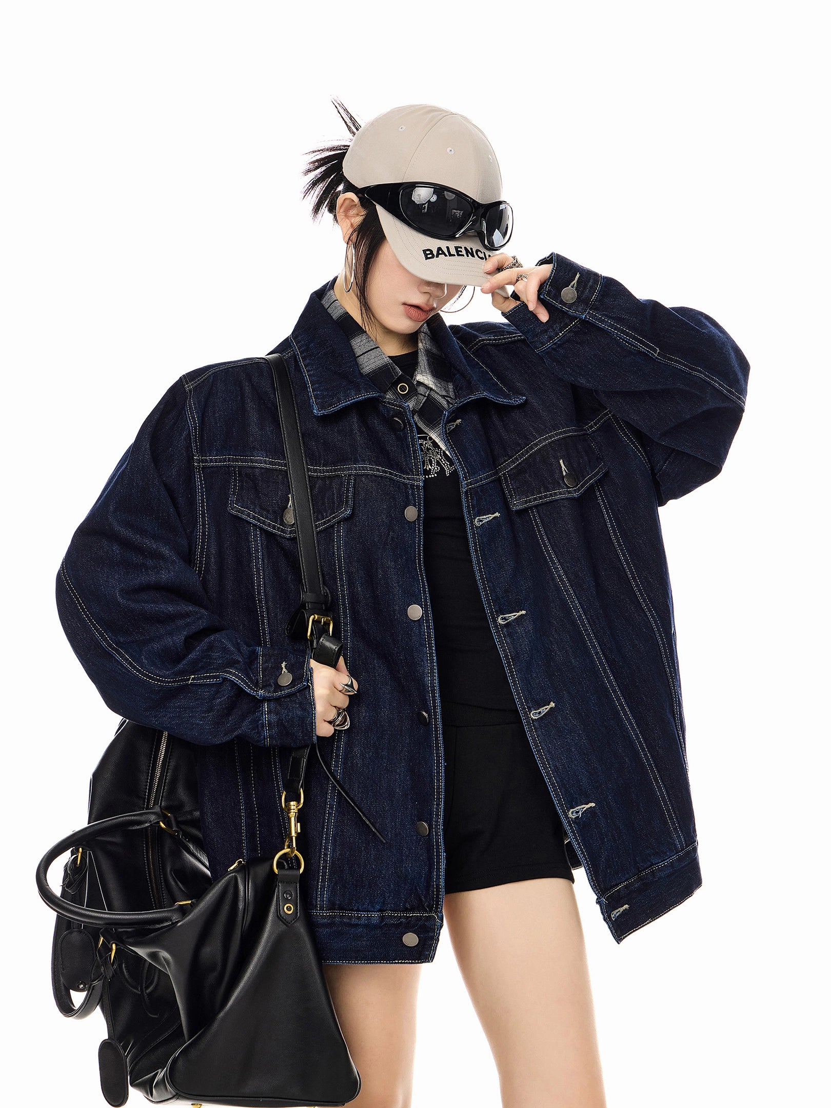 ICH MODE 美式复古水洗牛仔外套女秋冬翻领工装夹克宽松休闲上衣