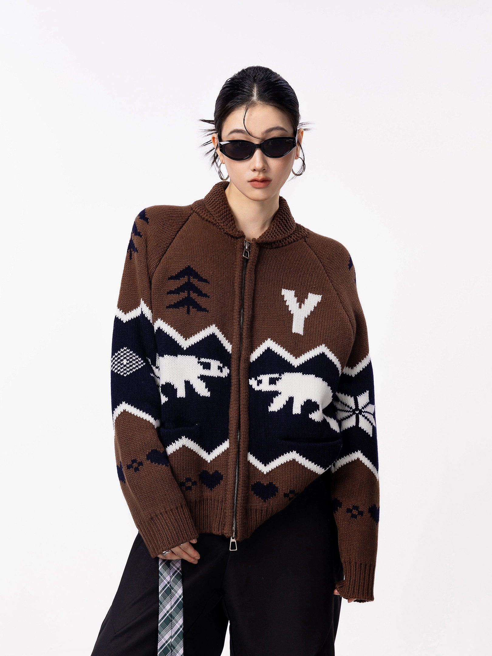 ICH MODE 美式复古提花针织开衫女秋冬宽松外搭休闲慵懒毛衣外套