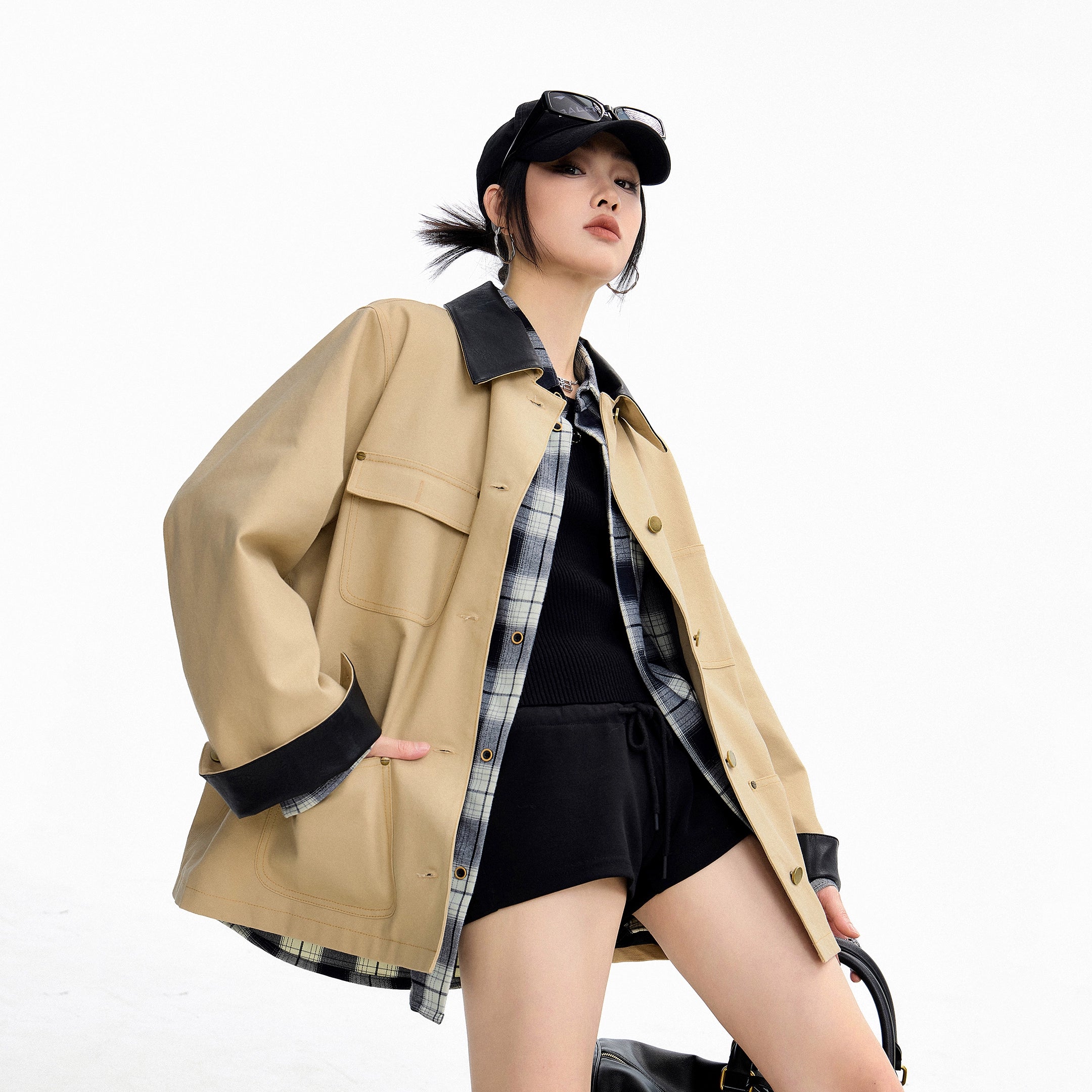 ICH MODE 美式复古巴恩风短款风衣外套女秋冬季宽松开衫夹克上衣