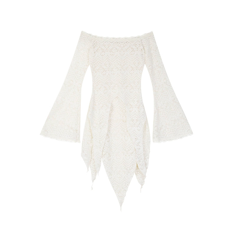 野生zerocircle黑色中长款修身蕾丝衫女春季辣妹喇叭袖一字肩上衣