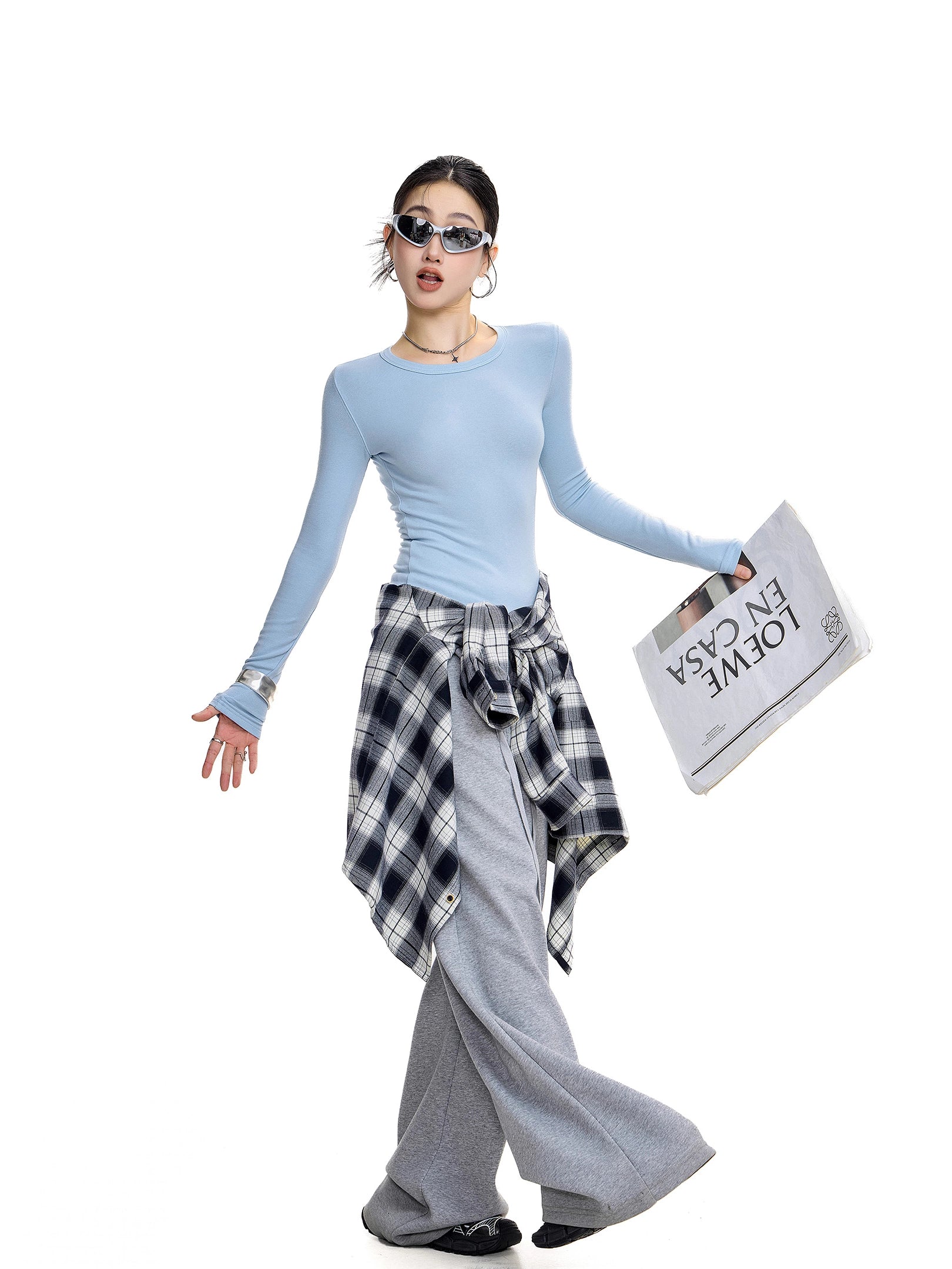 ICH MODE 美式复古正肩长袖T恤女秋冬修身内搭打底衫一字肩上衣