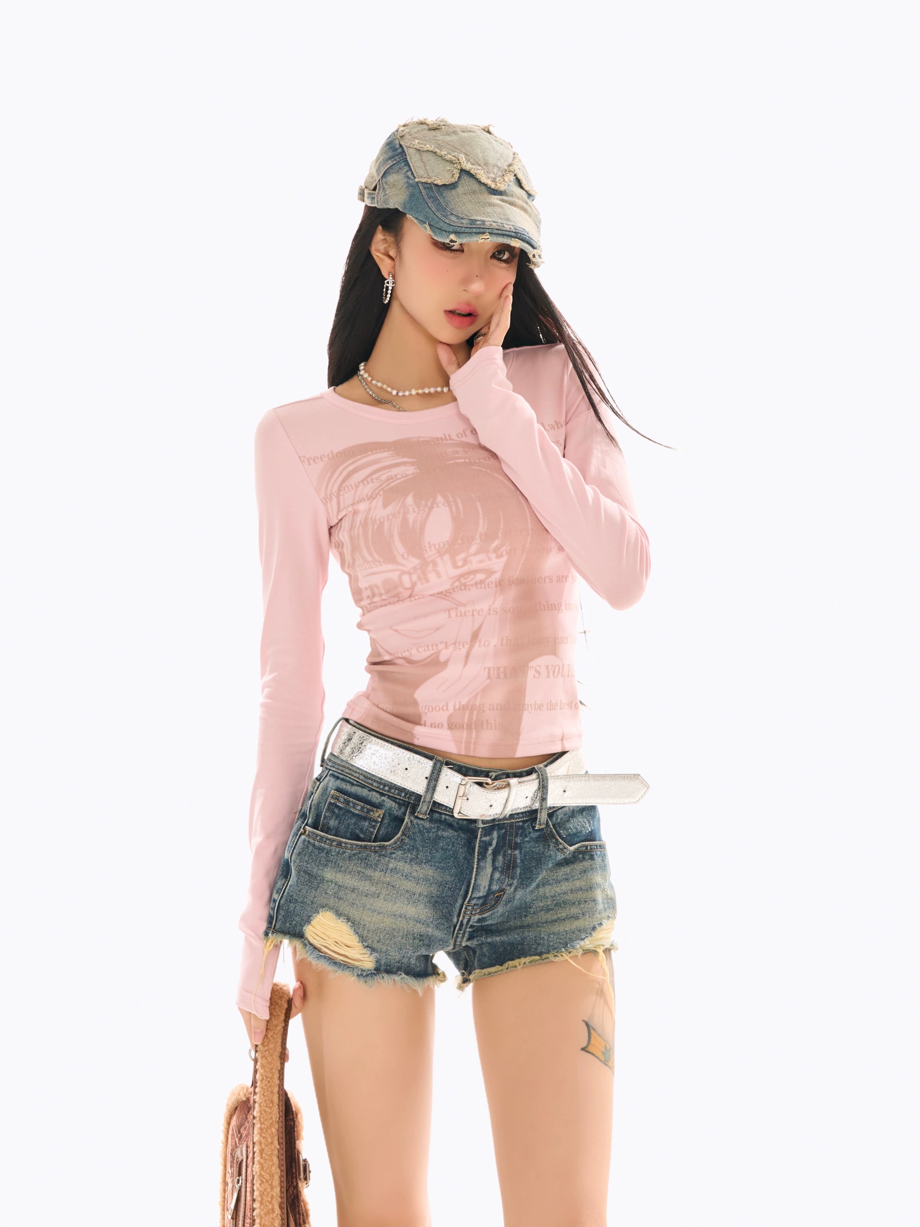 野生zerocircle 灰粉色正肩长袖t恤女秋辣妹修身显瘦印花小众上衣