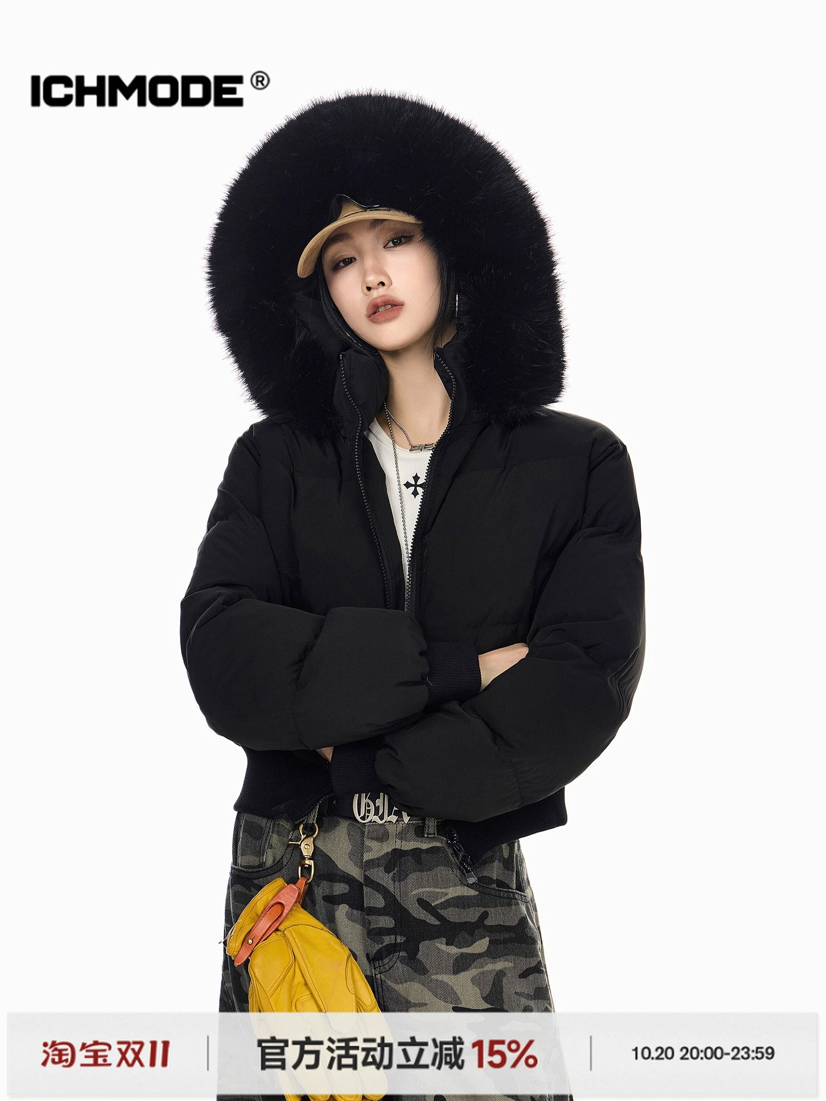 ICH MODE 美式复古大毛领连帽棉服女2025新款秋冬季修身开衫棉袄