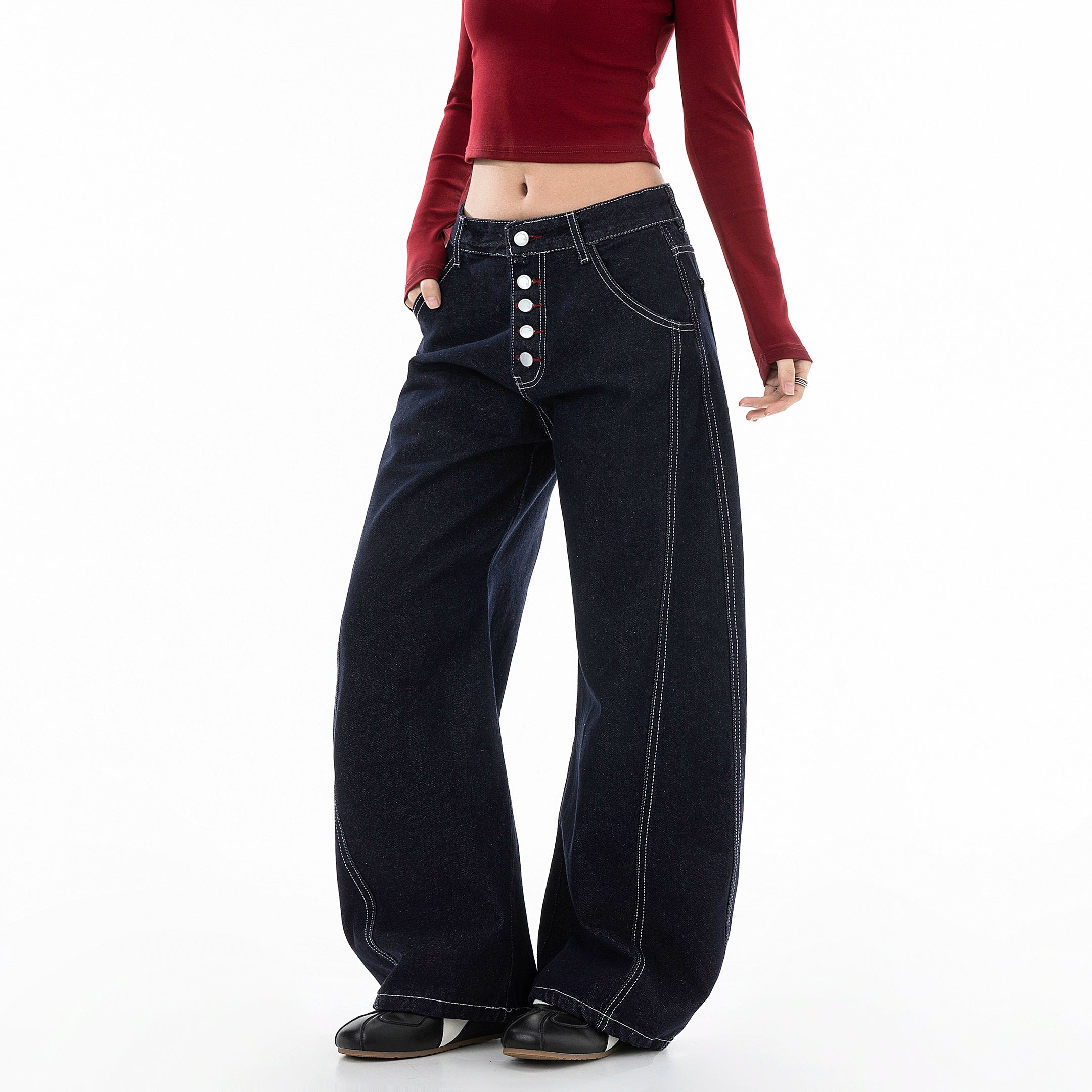 ICH MODE 美式复古宽松牛仔裤女秋冬廊形阔腿弯刀裤休闲直筒长裤