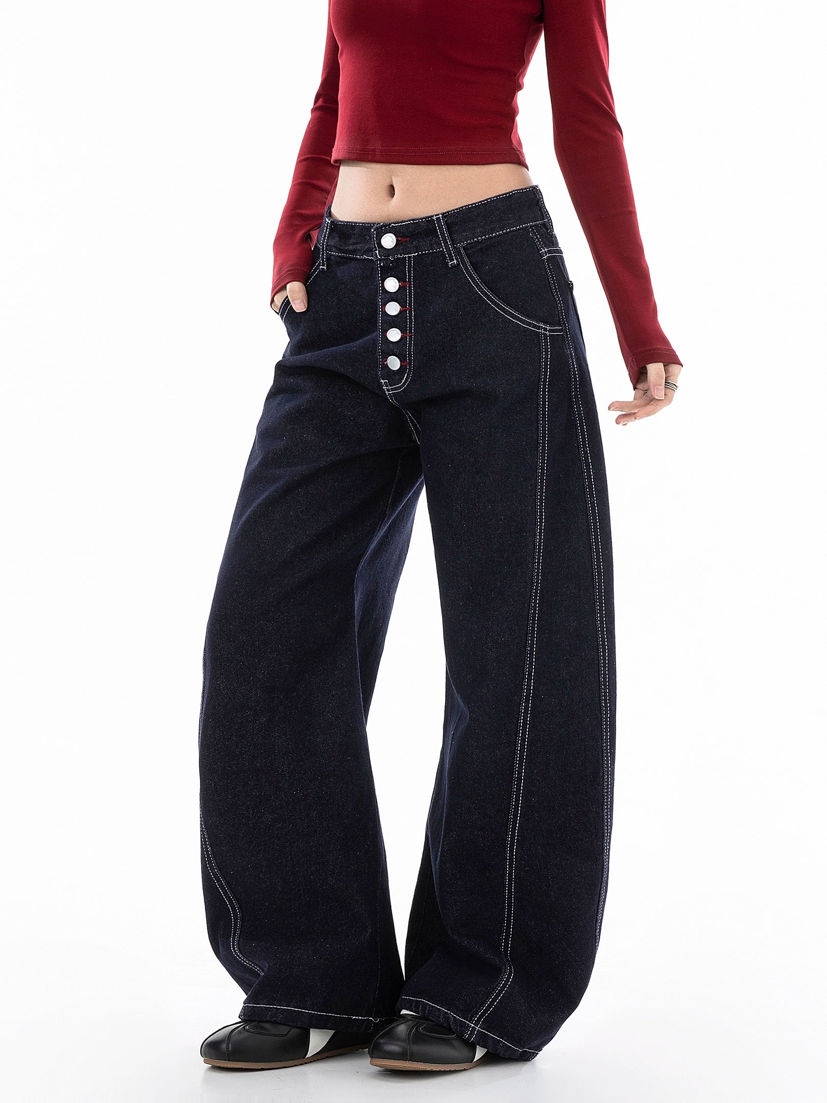 ICH MODE 美式复古宽松牛仔裤女秋冬廊形阔腿弯刀裤休闲直筒长裤