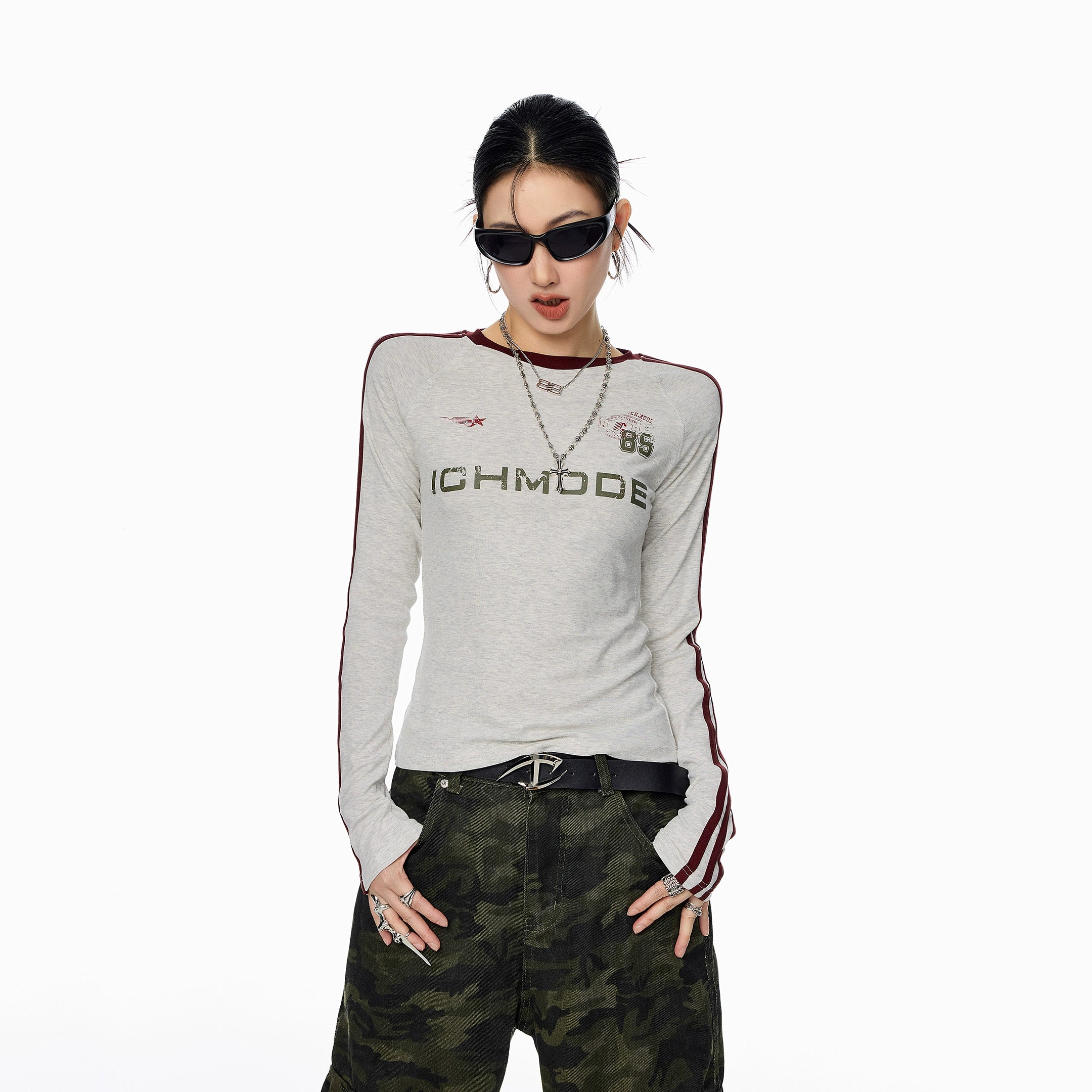 ICH MODE 美式复古正肩长袖T恤女秋冬新款修身运动正肩上衣打底衫