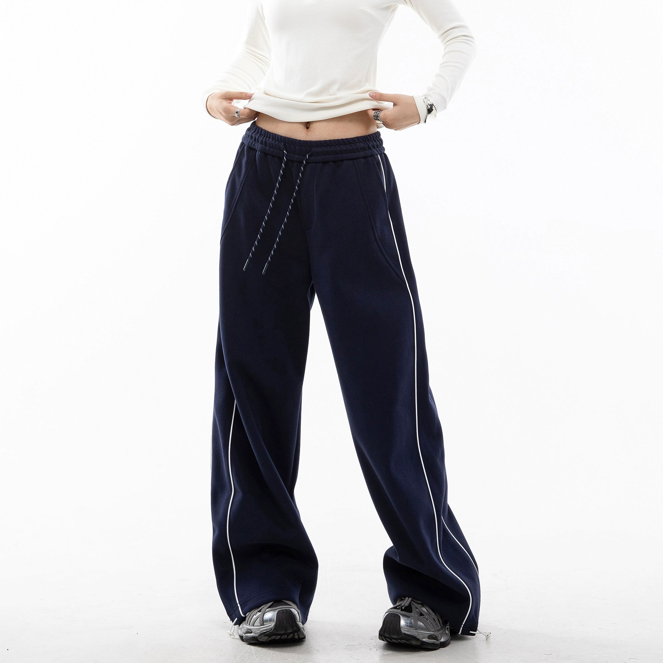 ICH MODE 美式复古条纹休闲裤女直筒宽松阔腿裤运动裤百搭卫裤