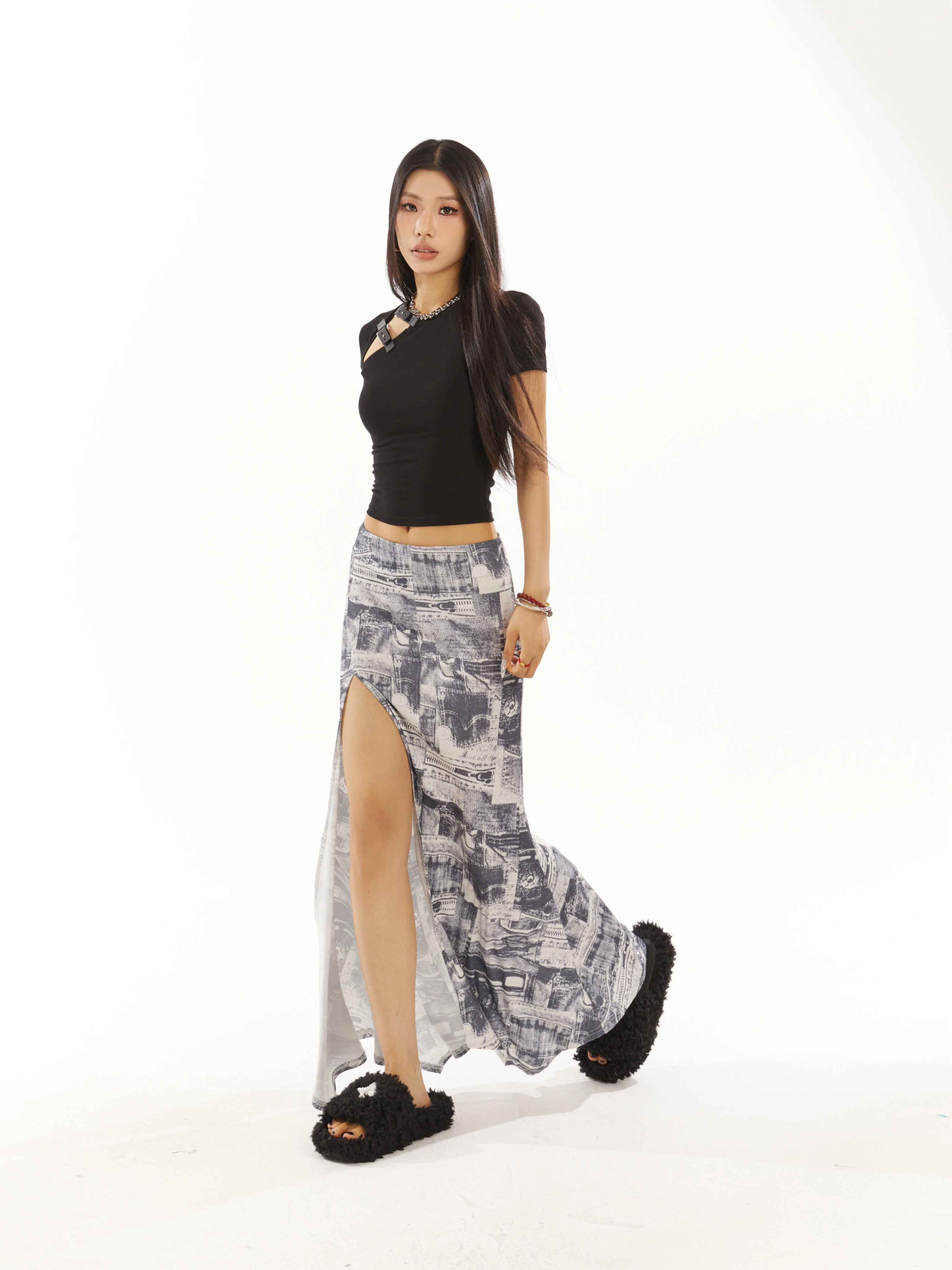 野生zero 印花开叉长裙女夏季低腰a字显瘦设计感小众辣妹鱼尾裙子