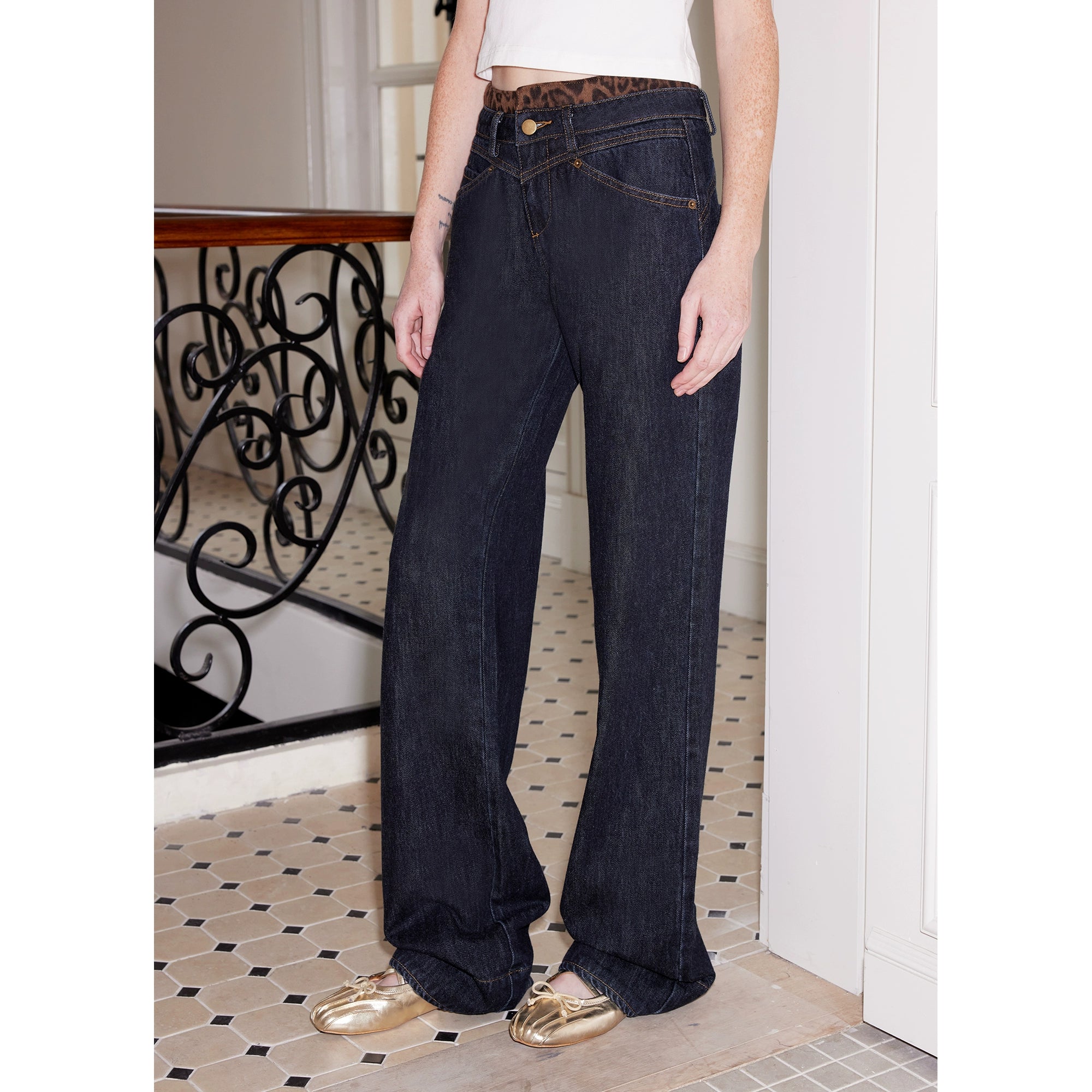 2th Desire豹纹格纹拼接莱赛尔植绒原牛色牛仔裤/可拆卸拼接罩裙