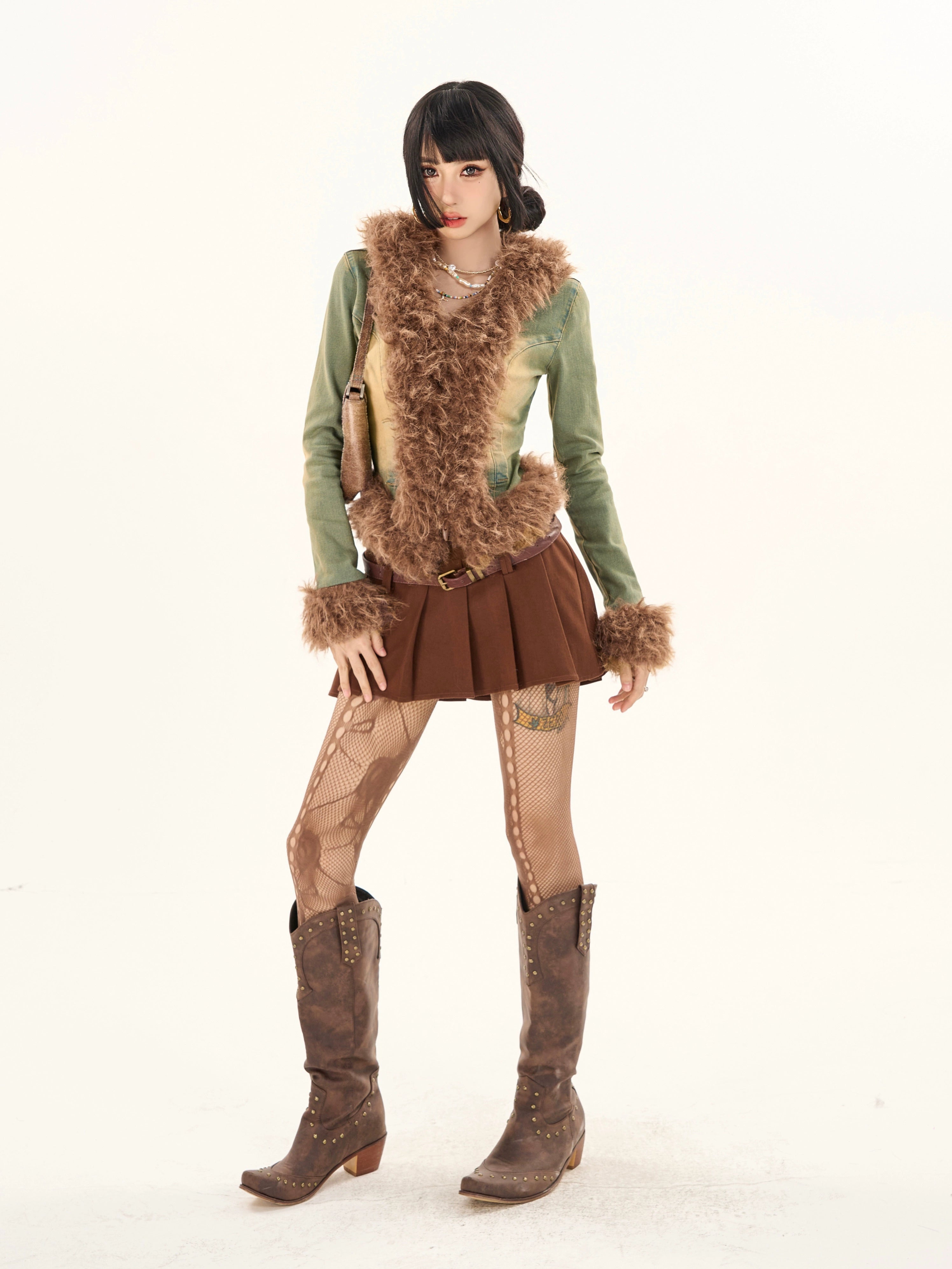 野生zerocircle毛毛拼接牛仔外套女春秋季高级设计感修身显瘦休闲