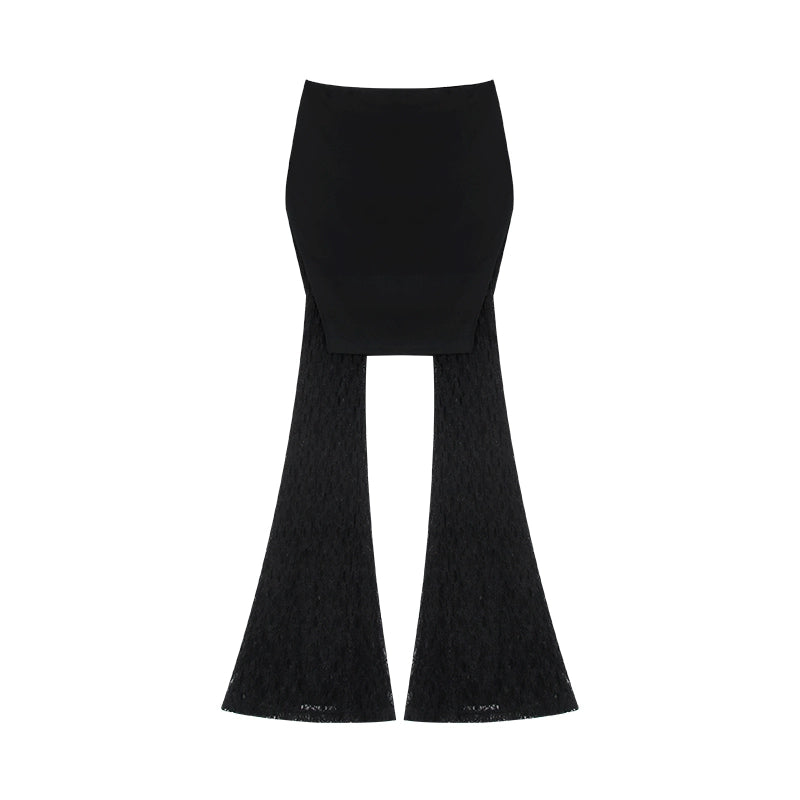 野生zero黑色微喇裤女夏季薄款设计感修身显瘦低腰假两件蕾丝裤子