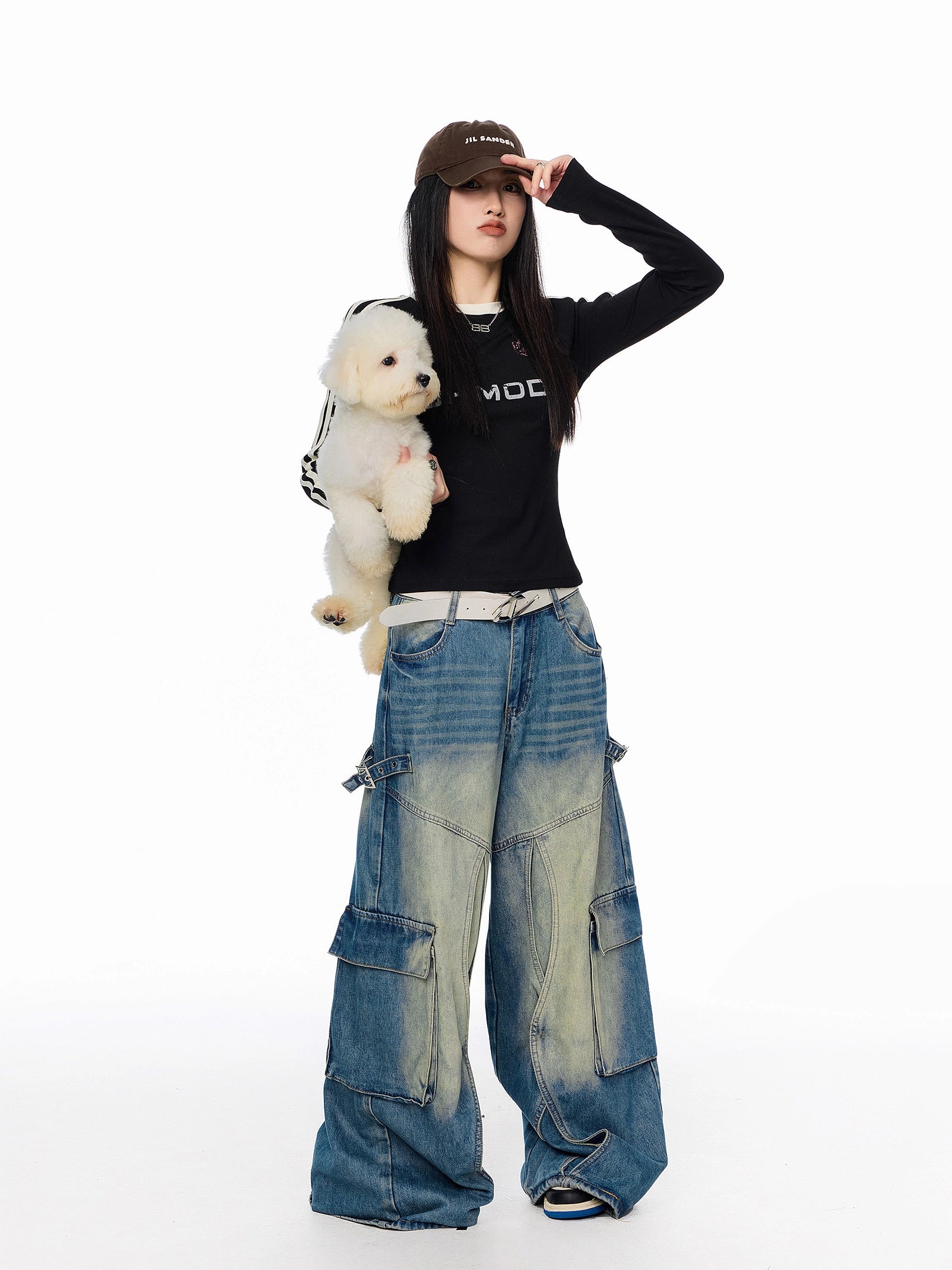 ICH MODE 美式复古正肩长袖T恤女秋冬新款修身运动正肩上衣打底衫