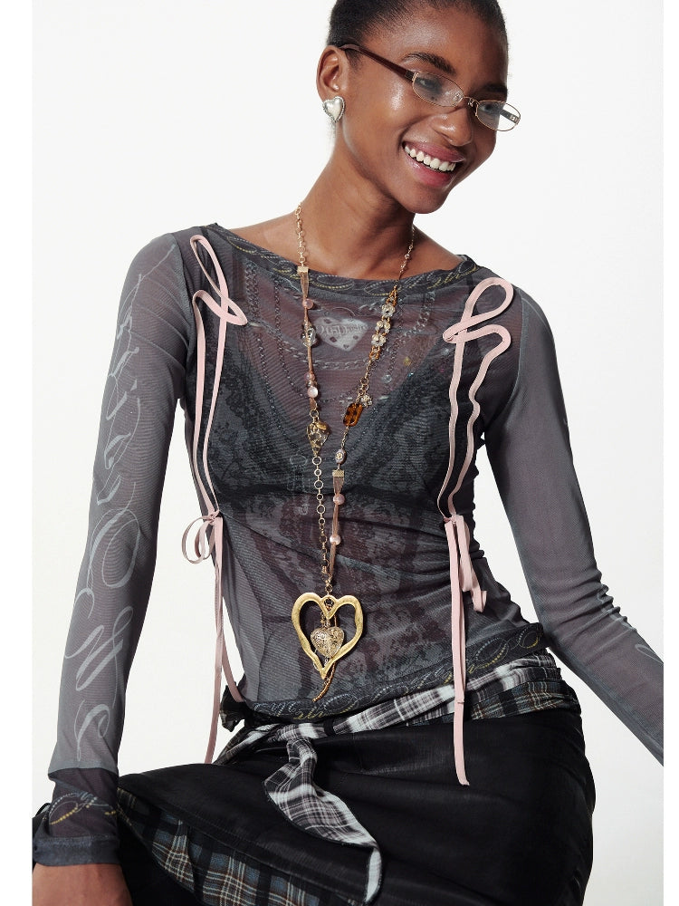 2th Desire蕾丝网纱项链满印撞色绑带薄纱防晒皮肤衣叠穿上衣T恤