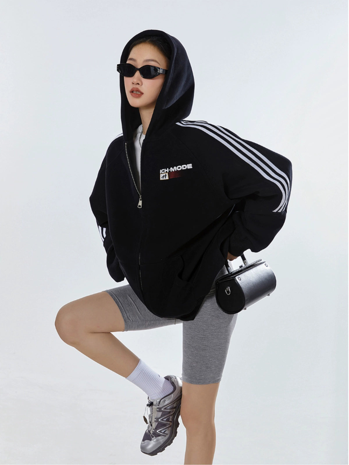 ICH MODE 400G质感条纹运动休闲美式卫衣开衫简约街头潮牌外套女