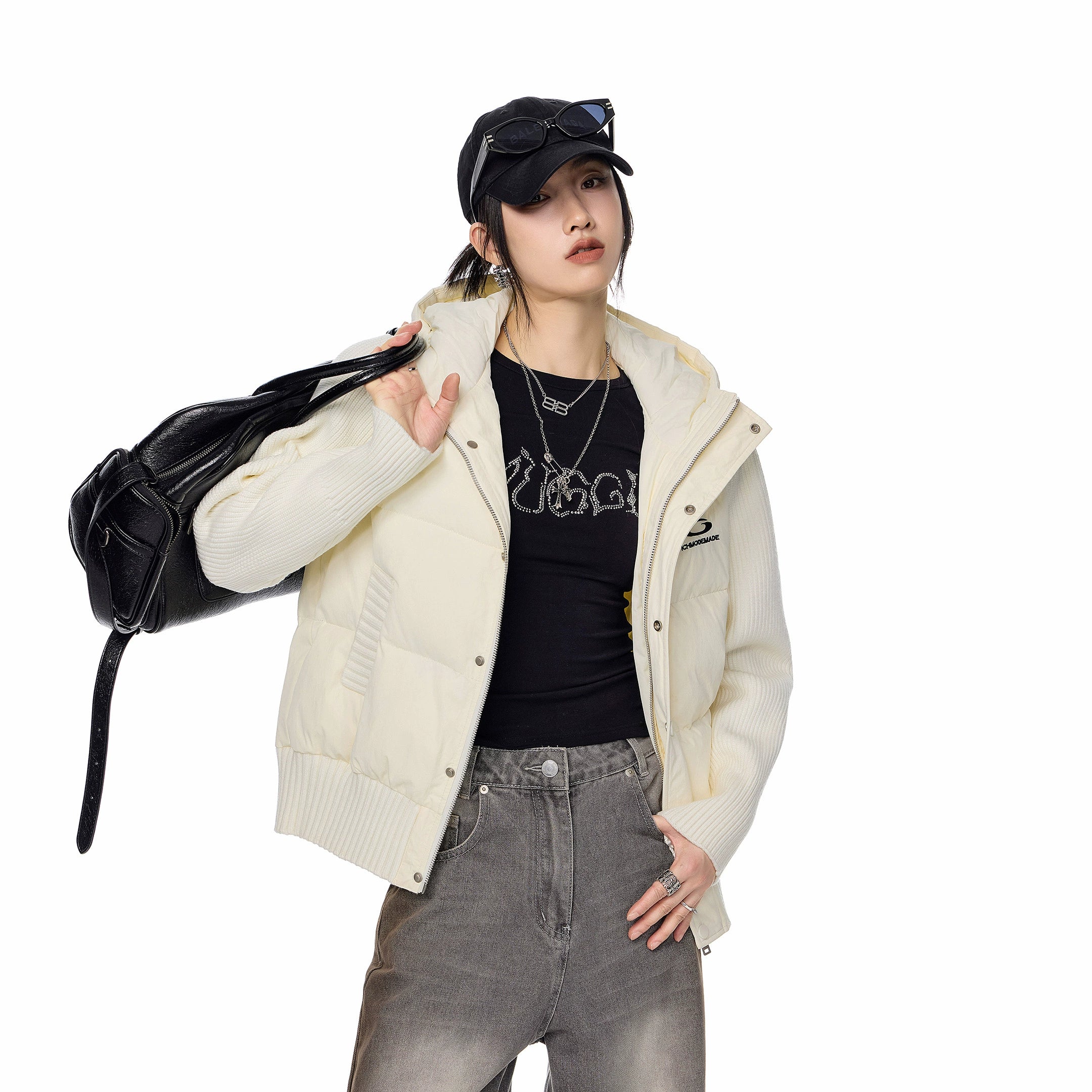 ICH MODE 美式复古假两件短款棉服外套女秋冬季修身连帽棉衣上衣