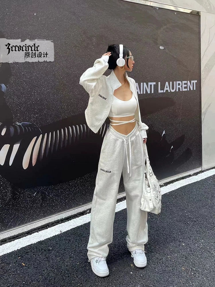 野生zerocircle灰色卫衣套装女春秋短款外套显瘦运动宽松休闲裤子