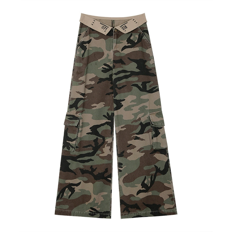 野生zerocircle迷彩低腰工装裤女夏美式显瘦宽松阔腿直筒休闲裤子