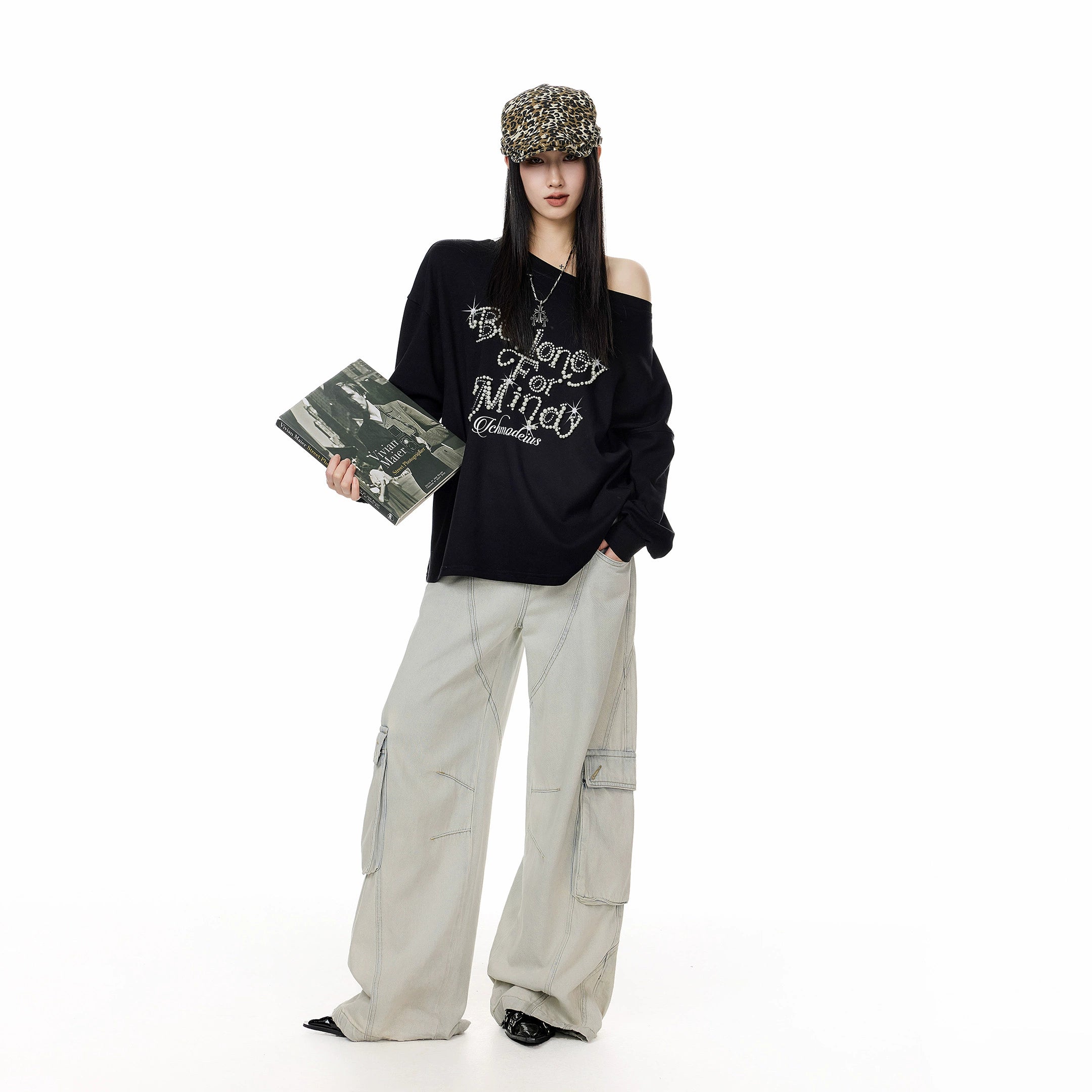 ICH MODE 美式复古珍珠斜肩T恤女2025新款秋冬宽松长袖露肩上衣t