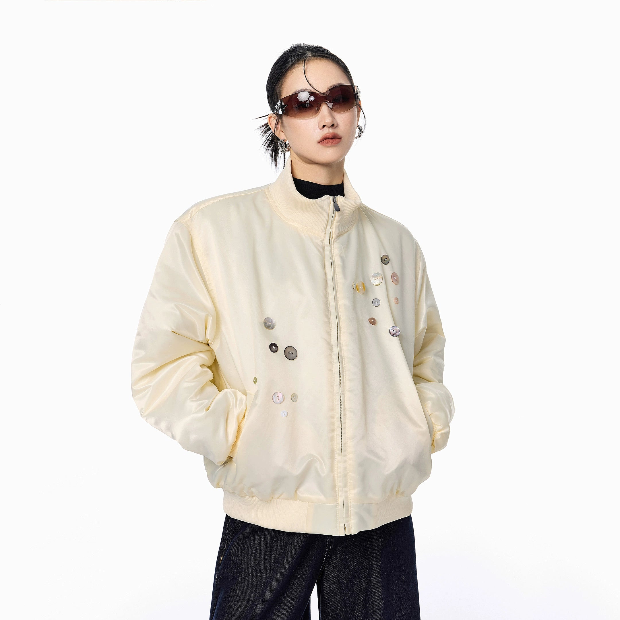 ICH MODE 美式复古彩扣薄棉服女2025新款秋冬季宽松立领棉衣外套