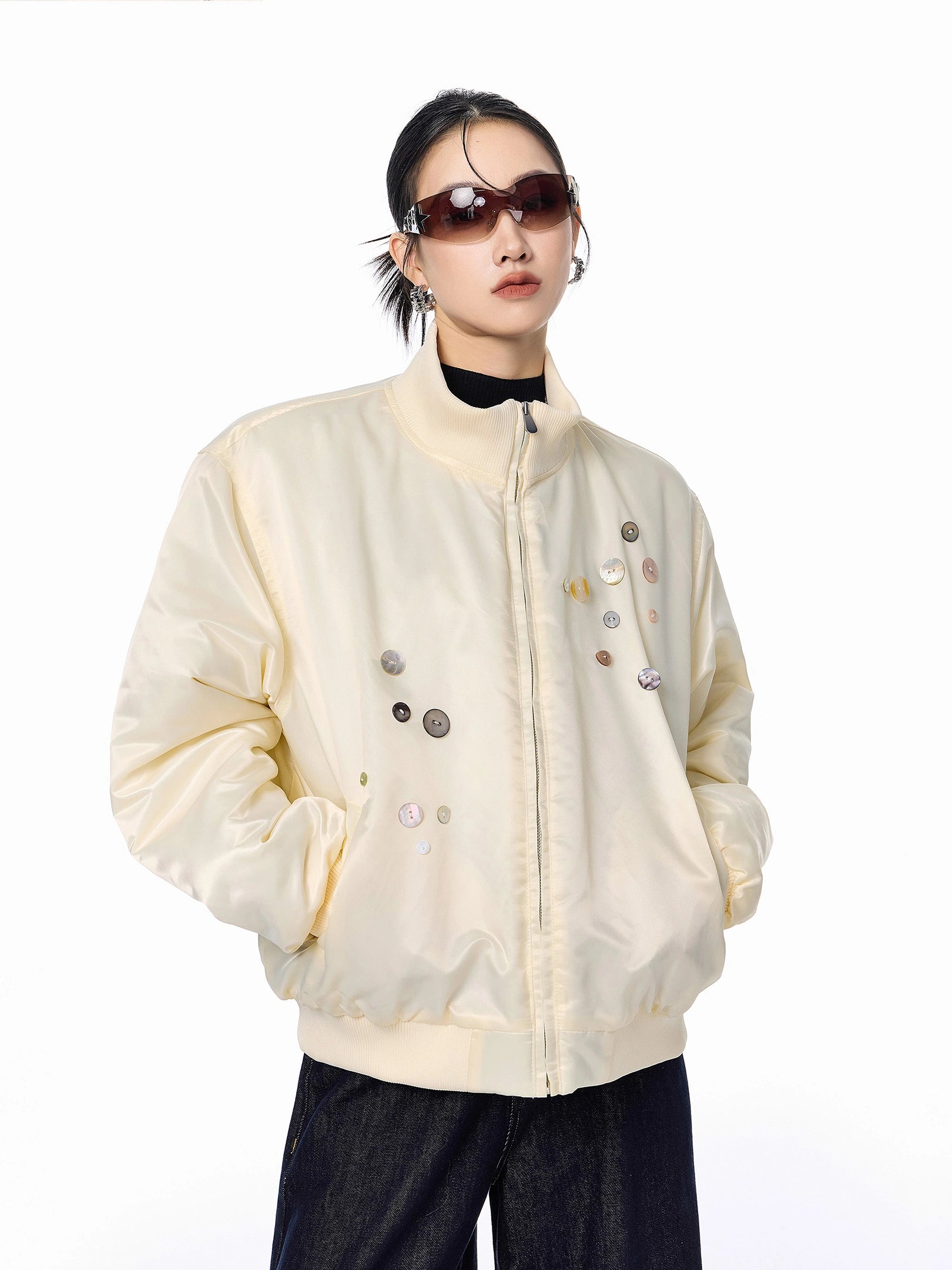 ICH MODE 美式复古彩扣薄棉服女2025新款秋冬季宽松立领棉衣外套