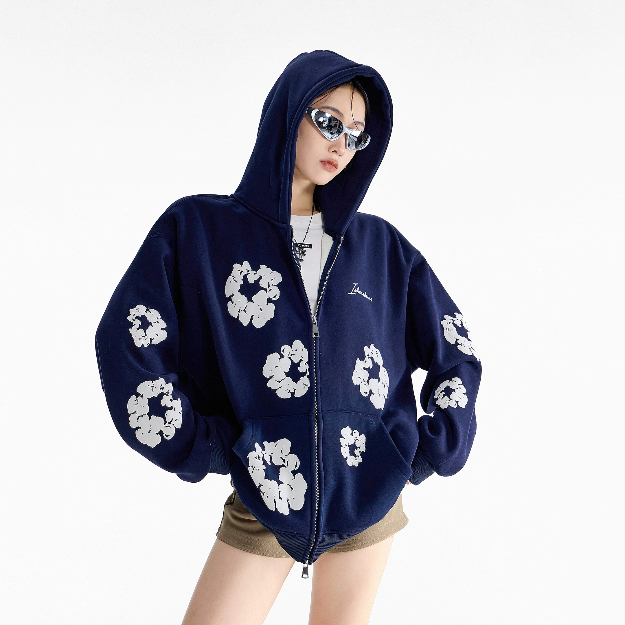 ICH MODE 美式复古木棉花连帽加绒卫衣外套女秋冬季宽松开衫上衣