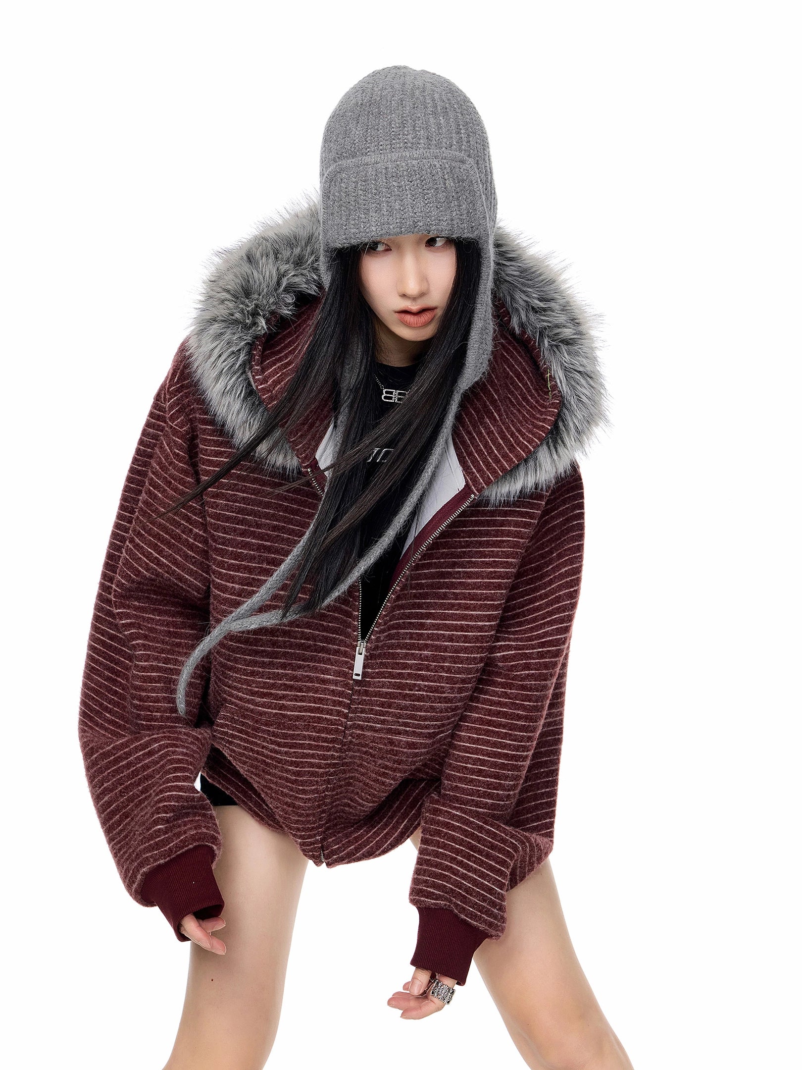 ICH MODE 美式复古毛领条纹连帽外套女秋冬宽松休闲卫衣开衫上衣