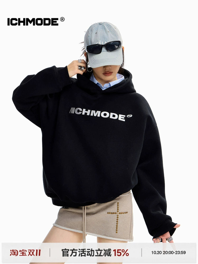 ICH MODE 美式印花黑色连帽卫衣女秋冬宽松流行外套上衣2025新款