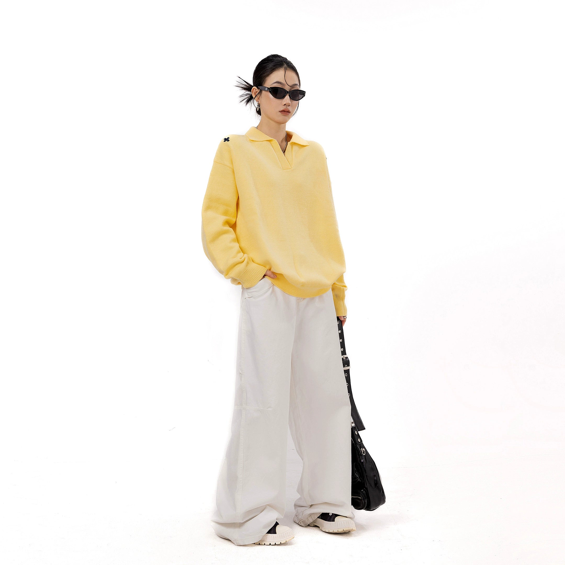 ICH MODE 美式V领套头毛衣外套女秋冬季新款休闲慵懒毛针织衫上衣