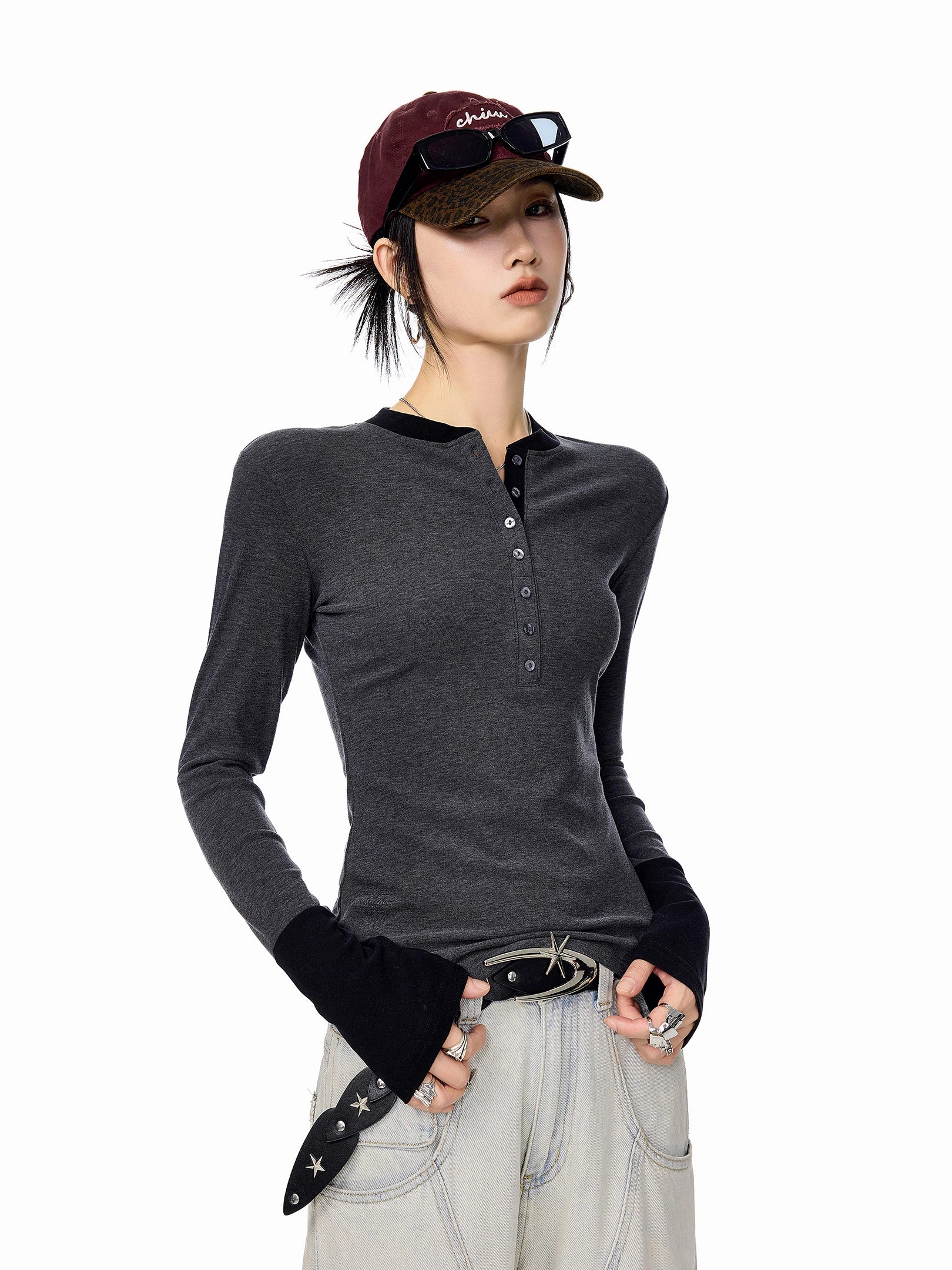 ICH MODE 美式复古假两件长袖T恤女秋冬亨利领一字肩修身打底上衣