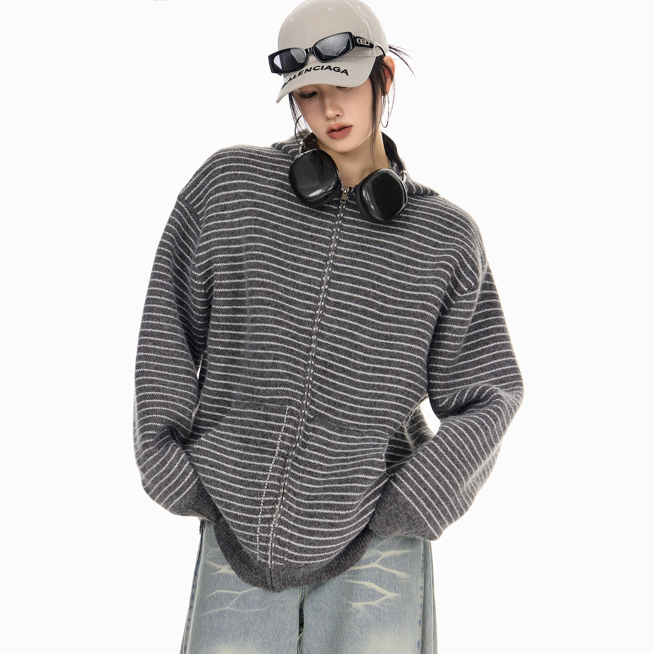 ICH MODE 美式复古条纹连帽针织开衫女2025新款秋冬外搭毛衣外套