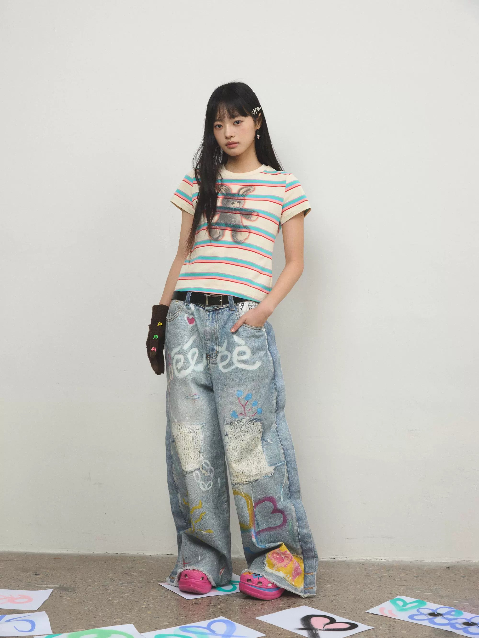 “莱贝特”| eeee朋克兔子T恤短款小众条纹Y2K辣妹风小众打底短恤