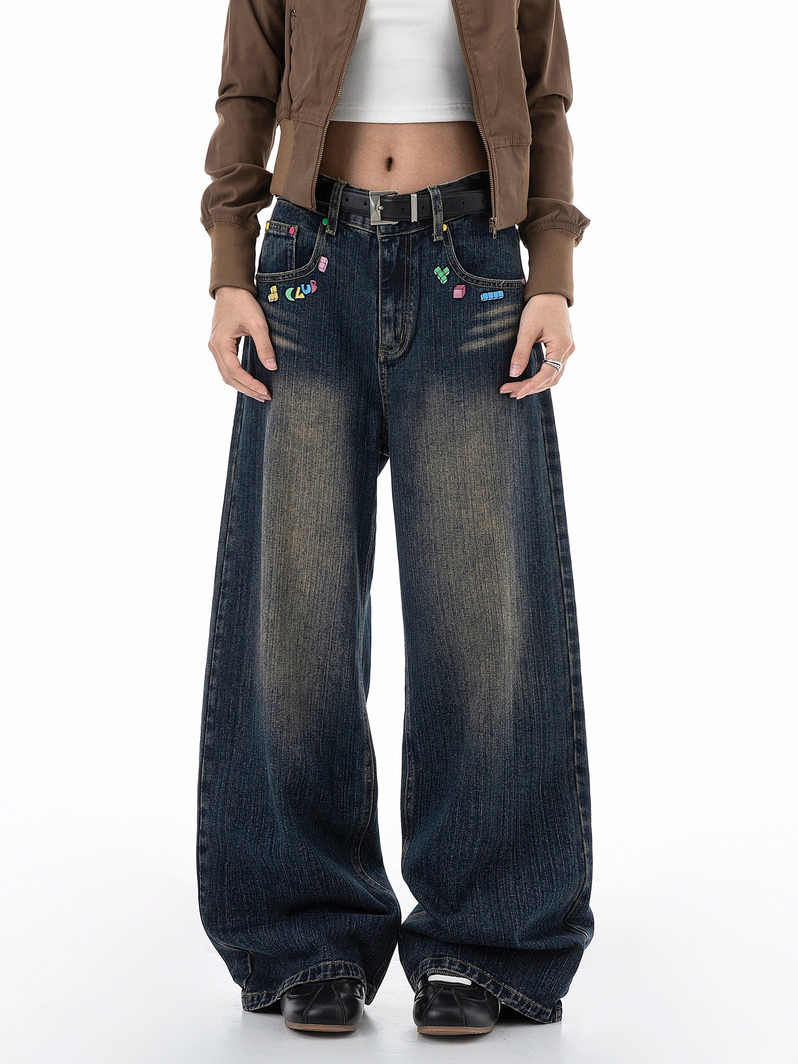 ICH MODE 美式复古水洗牛仔裤女秋冬新款直筒宽松裤子休闲阔腿裤