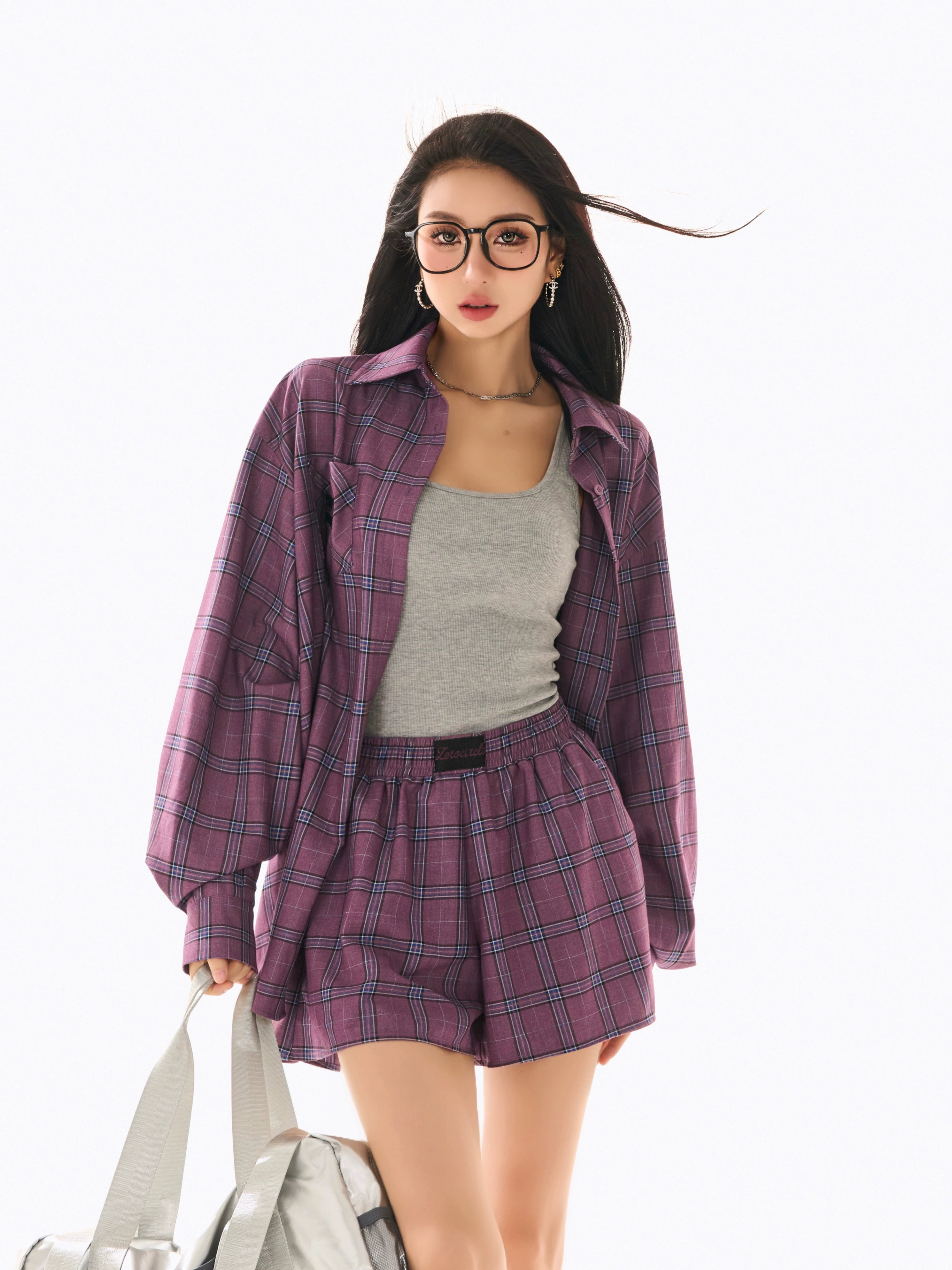 野生zerocircle休闲套装女春季蓝紫色格子宽松长袖衬衫显瘦短裤子
