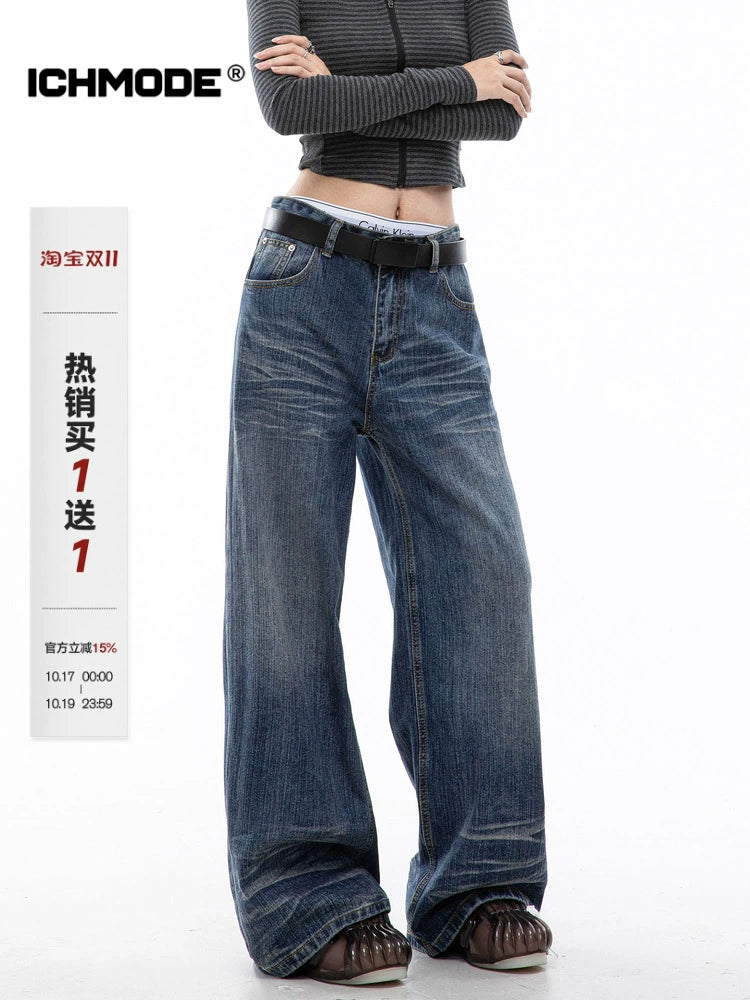 ICH MODE 美式复古水洗蓝牛仔裤女秋冬宽松直筒裤百搭休闲阔腿裤