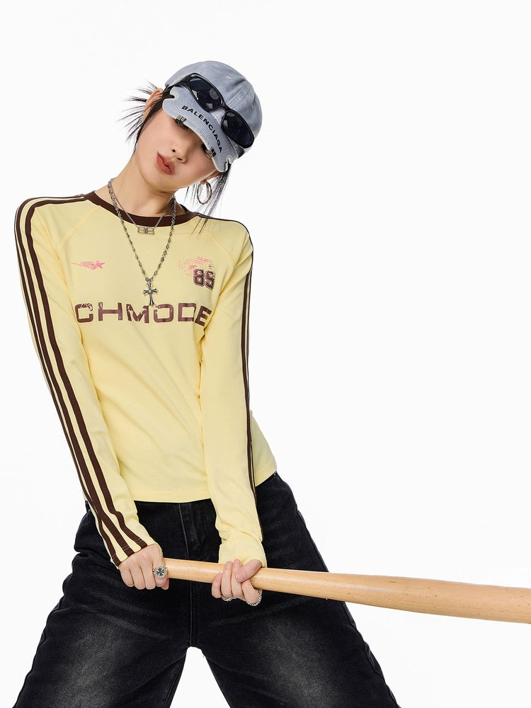 ICH MODE 美式复古正肩长袖T恤女秋冬新款修身运动正肩上衣打底衫