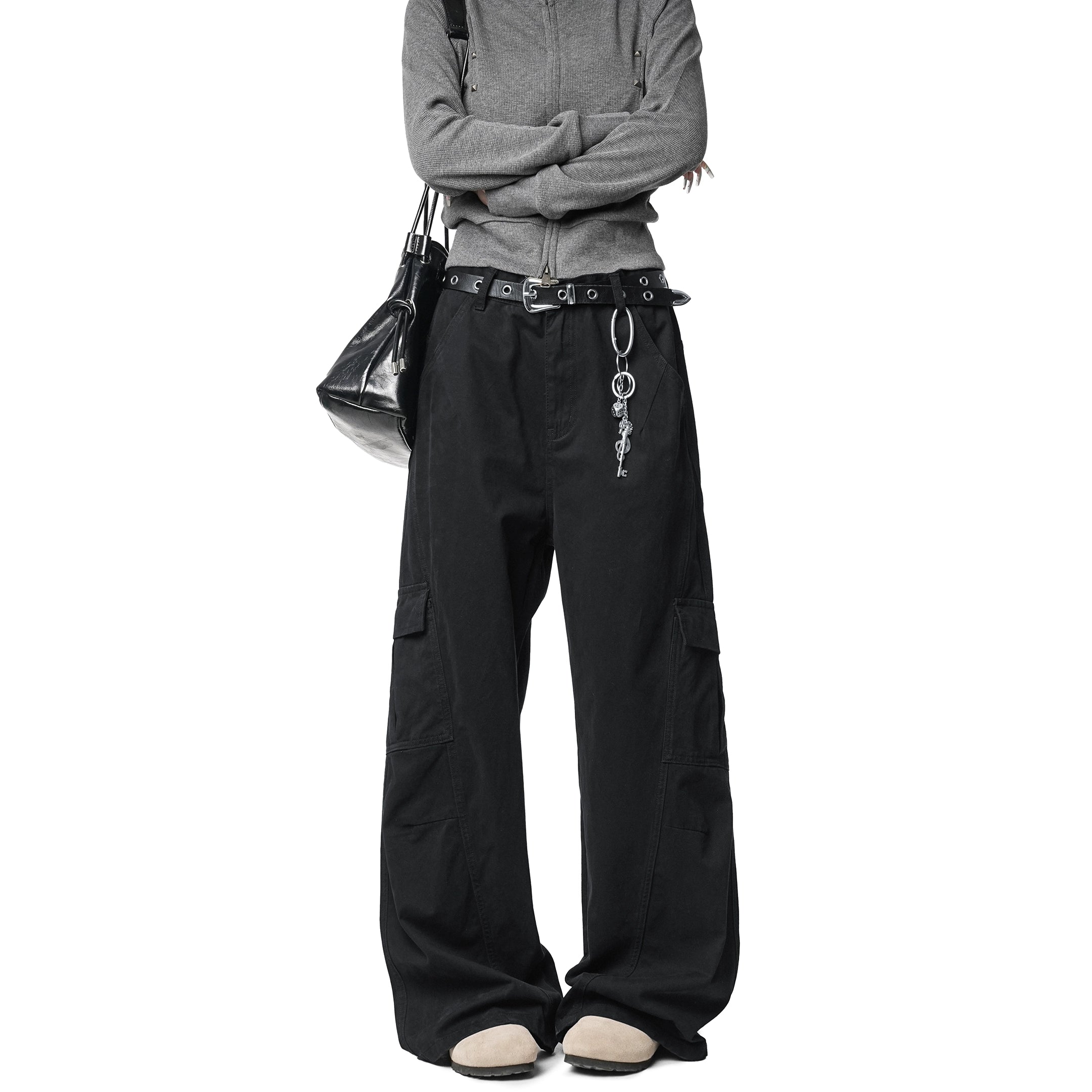 ICH MODE 美式复古宽松阔腿休闲裤女秋冬百搭直筒裤工装裤运动裤