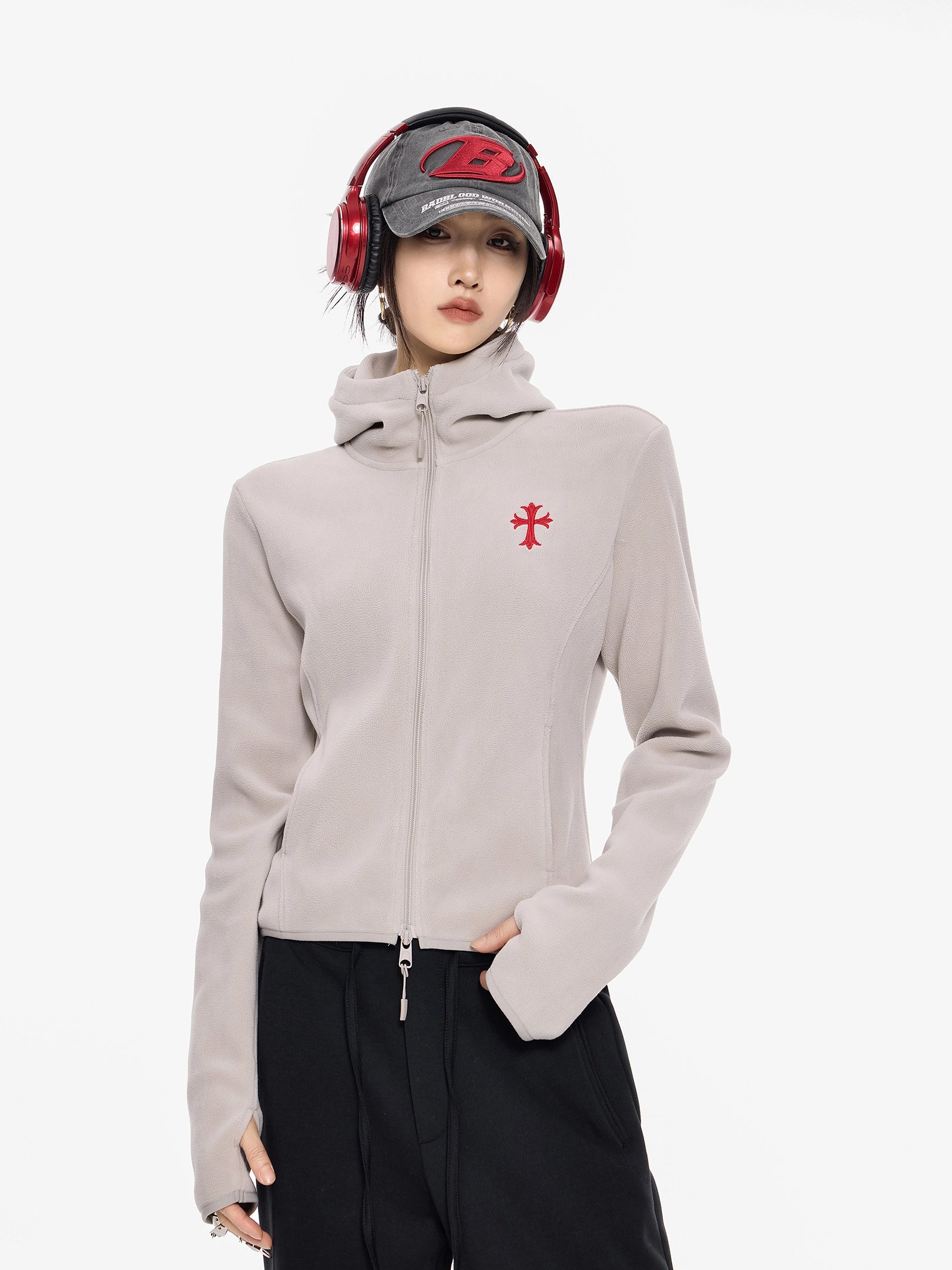 ICH MODE 美式复古摇粒绒短外套女新款秋冬连帽开衫卫衣修身上衣