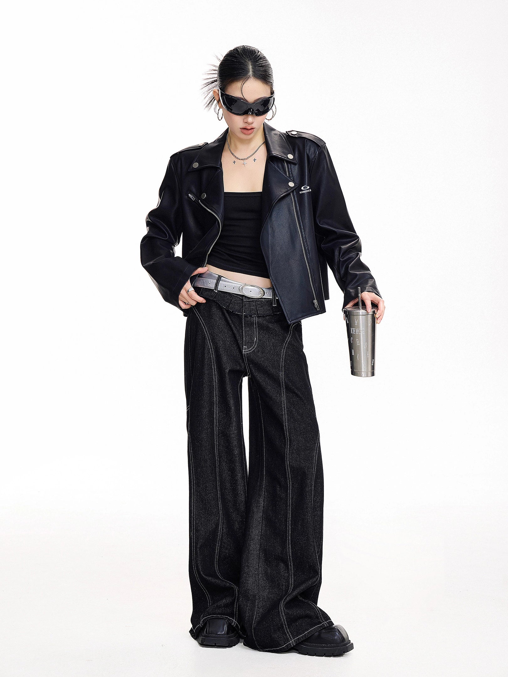 ICH MODE 美式复古机车皮衣外套女2025新款秋冬翻领工装夹克上衣