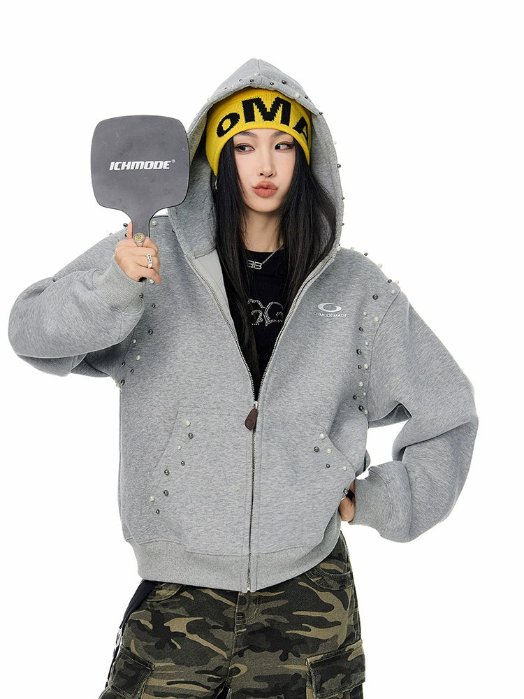 ICH MODE 美式复古珍珠连帽外套女2025新款秋冬宽松卫衣开衫上衣