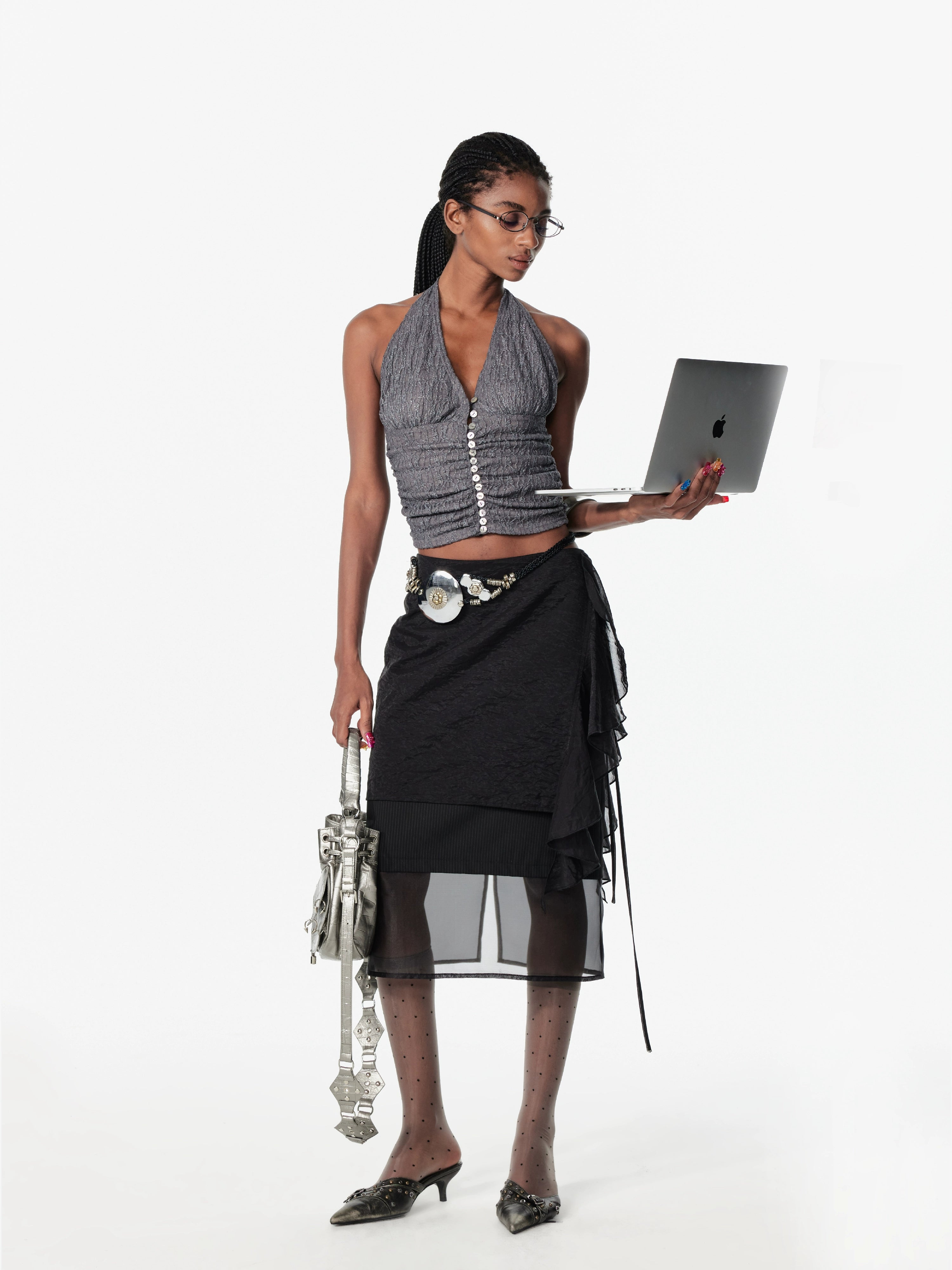 2th Desire叠穿多层撞色薄雾少女绑带设计感短款网纱西装半身裙女