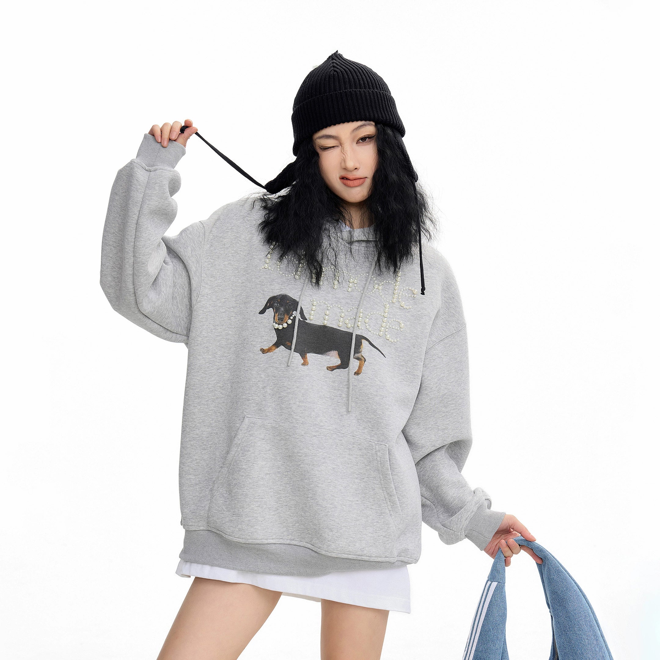 ICH MODE 美式复古珍珠连帽卫衣女秋冬新款宽松休闲百搭上衣外套