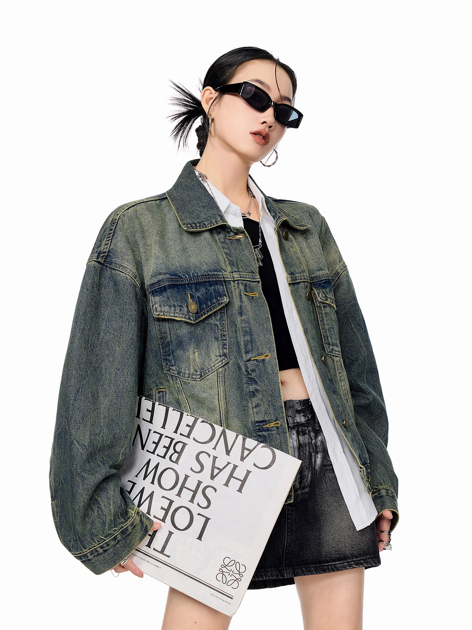 ICH MODE 美式复古水洗牛仔外套女2025新款秋季宽松夹克短上衣潮