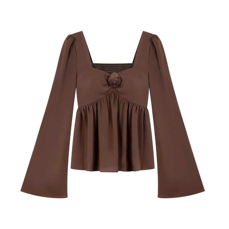 野生zerocircle红色法式别致小衫女春辣妹小众显瘦花朵喇叭袖上衣