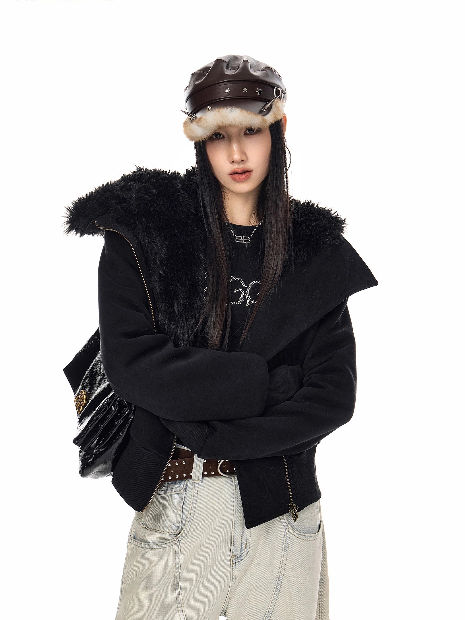 ICH MODE 美式复古毛绒内胆毛领棉服女2025冬季新款修身短款棉衣