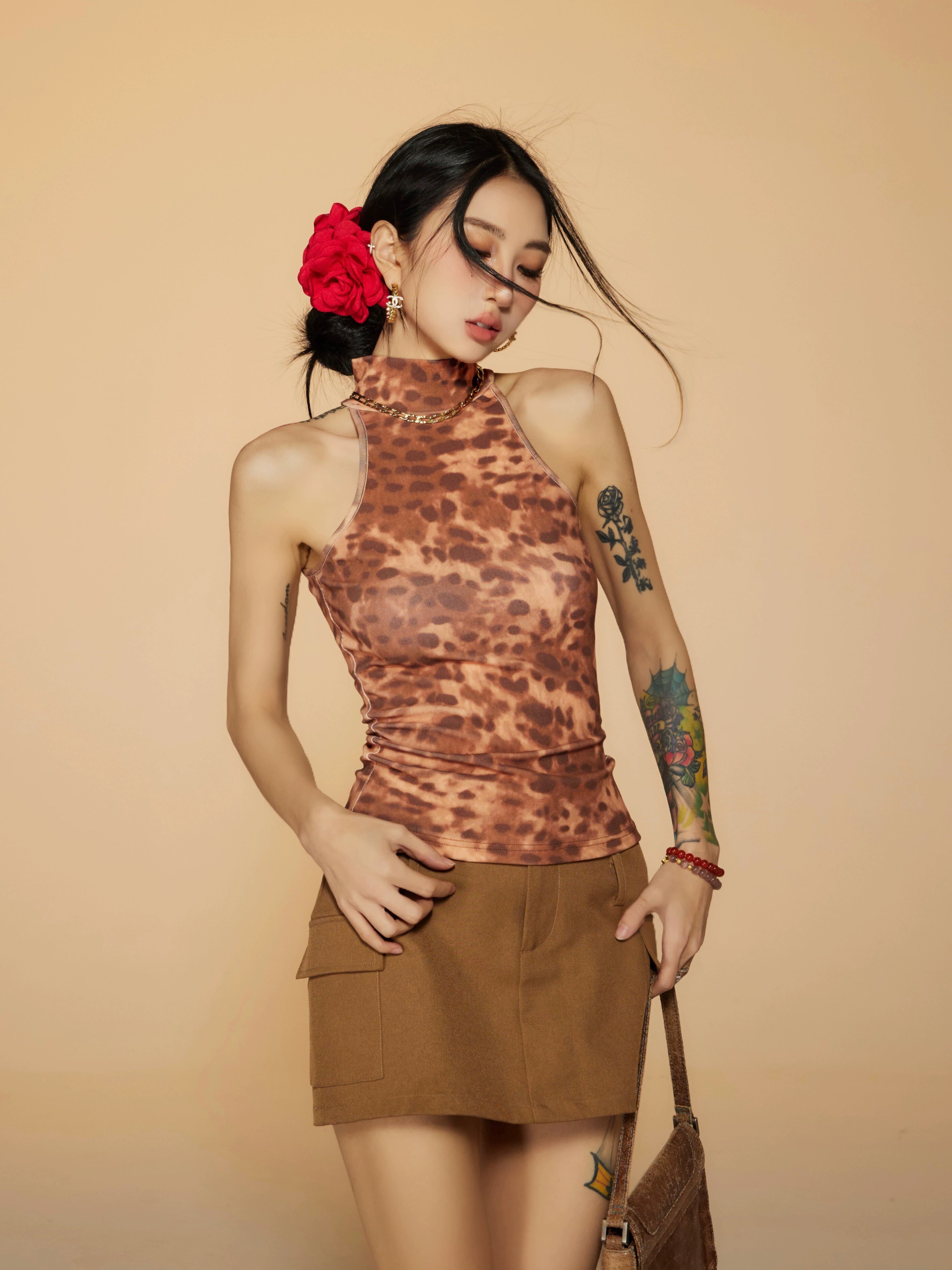 野生zerocircle豹纹无袖高领背心女夏季外穿辣妹修身显瘦小众上衣