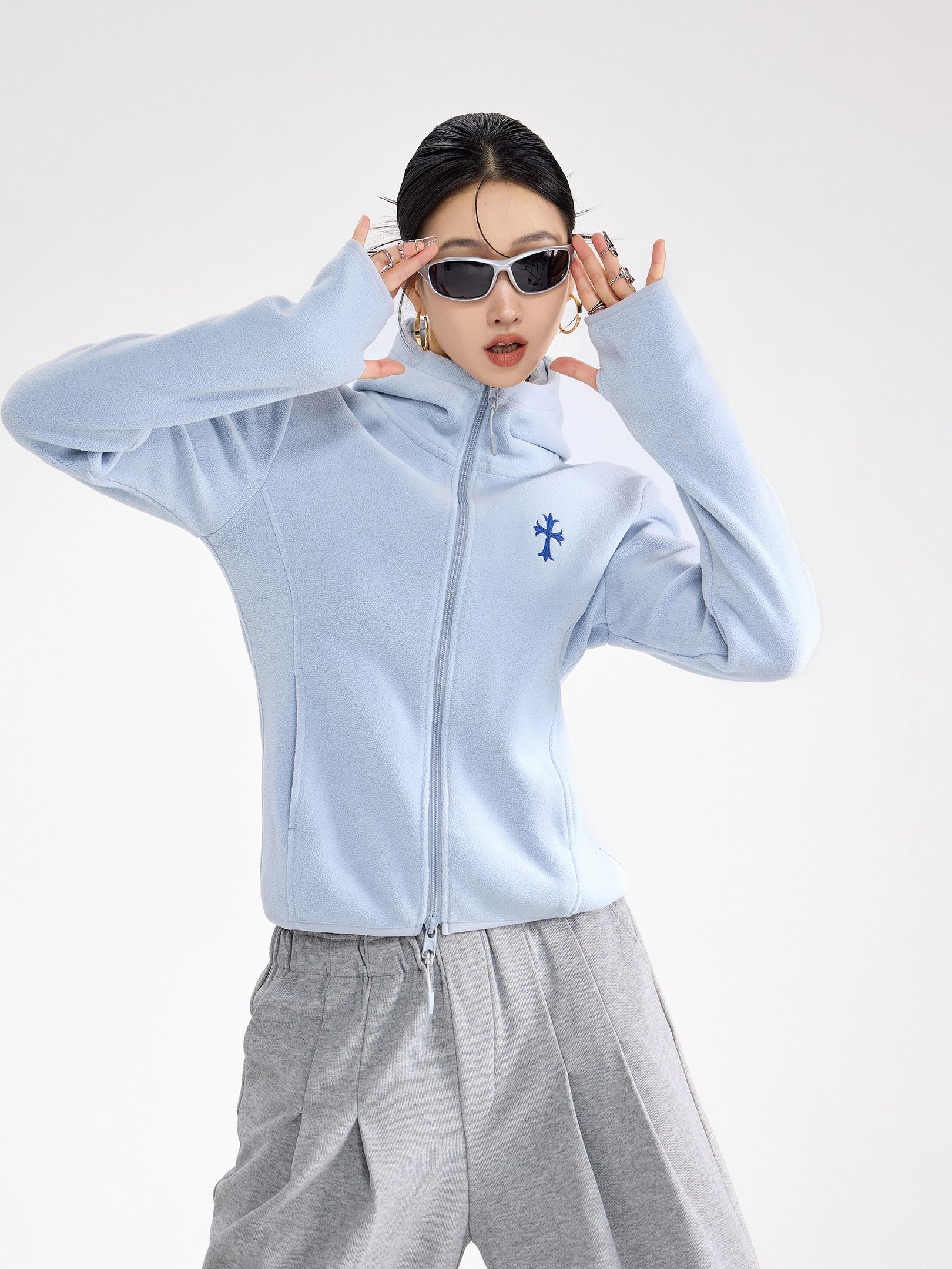 ICH MODE 美式复古摇粒绒短外套女新款秋冬连帽开衫卫衣修身上衣