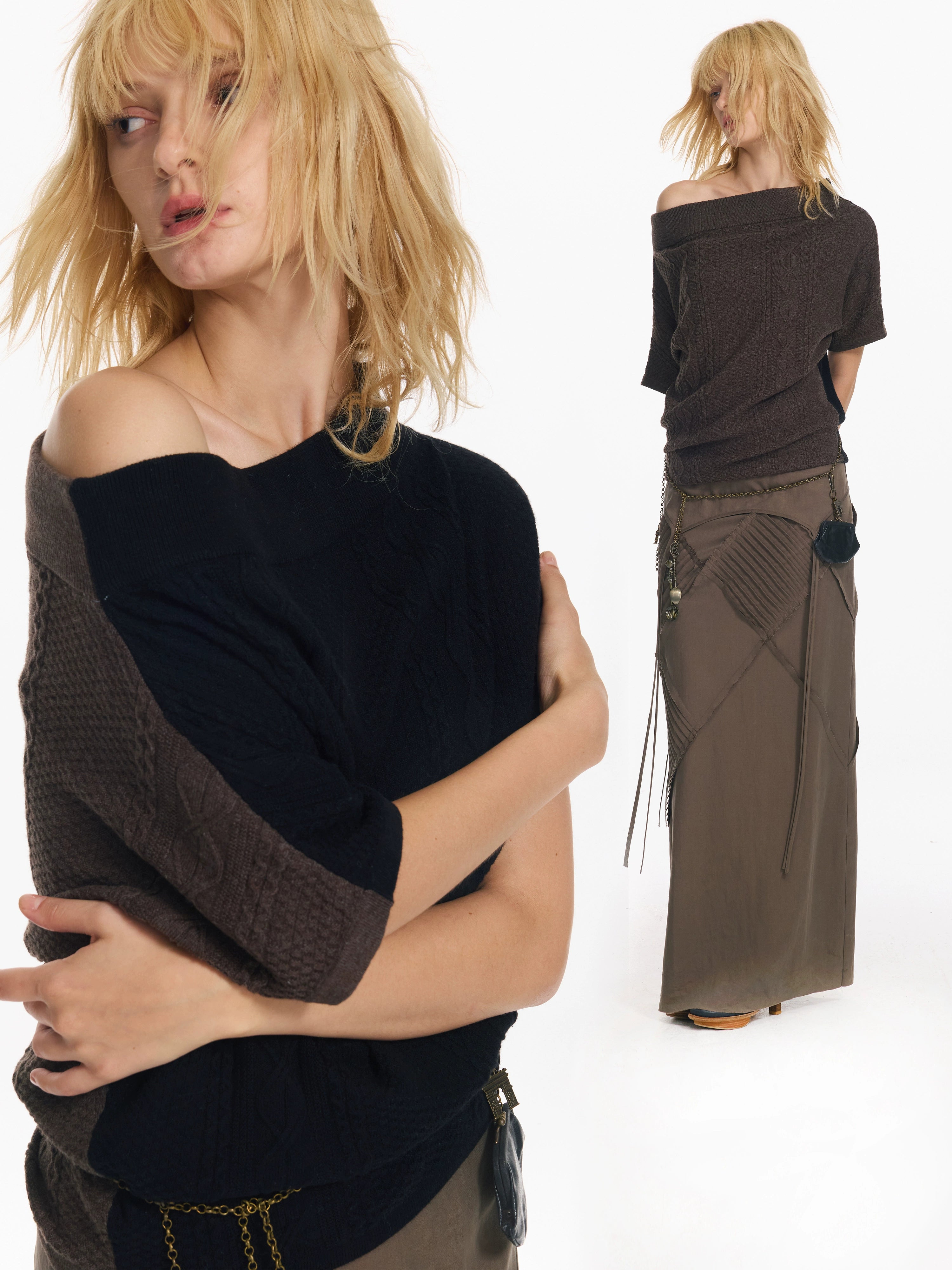 2th Desire 撞色斜肩宽松蝙蝠袖绞花设计感小众短袖外穿毛针织衫